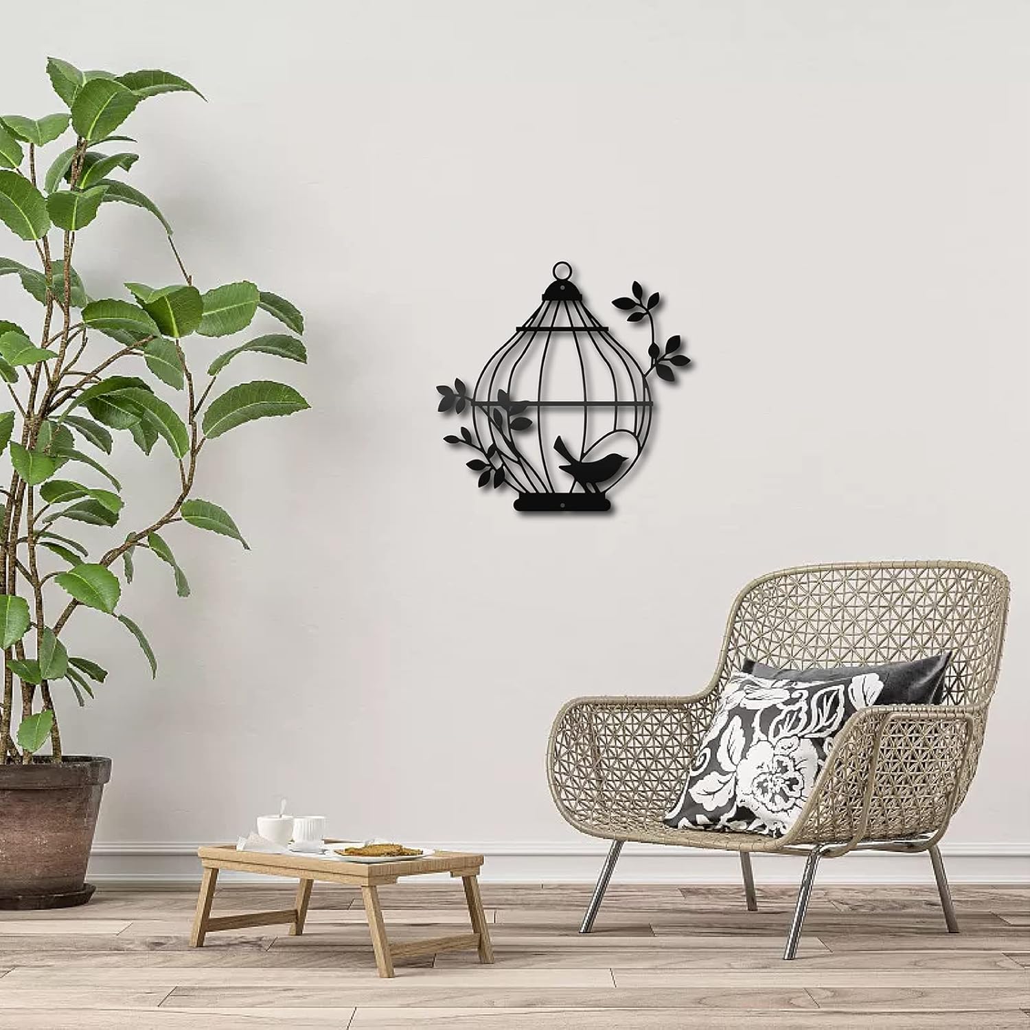 CREATCABIN Bird Metal Wall Art Birdcage Wall Decor Black Wall Sculptures Decorative Hanging Plaques Ornaments Iron Abstract for Home Living Room Kitchen Bathroom Bedroom Housewarming Office 11.8 Inch