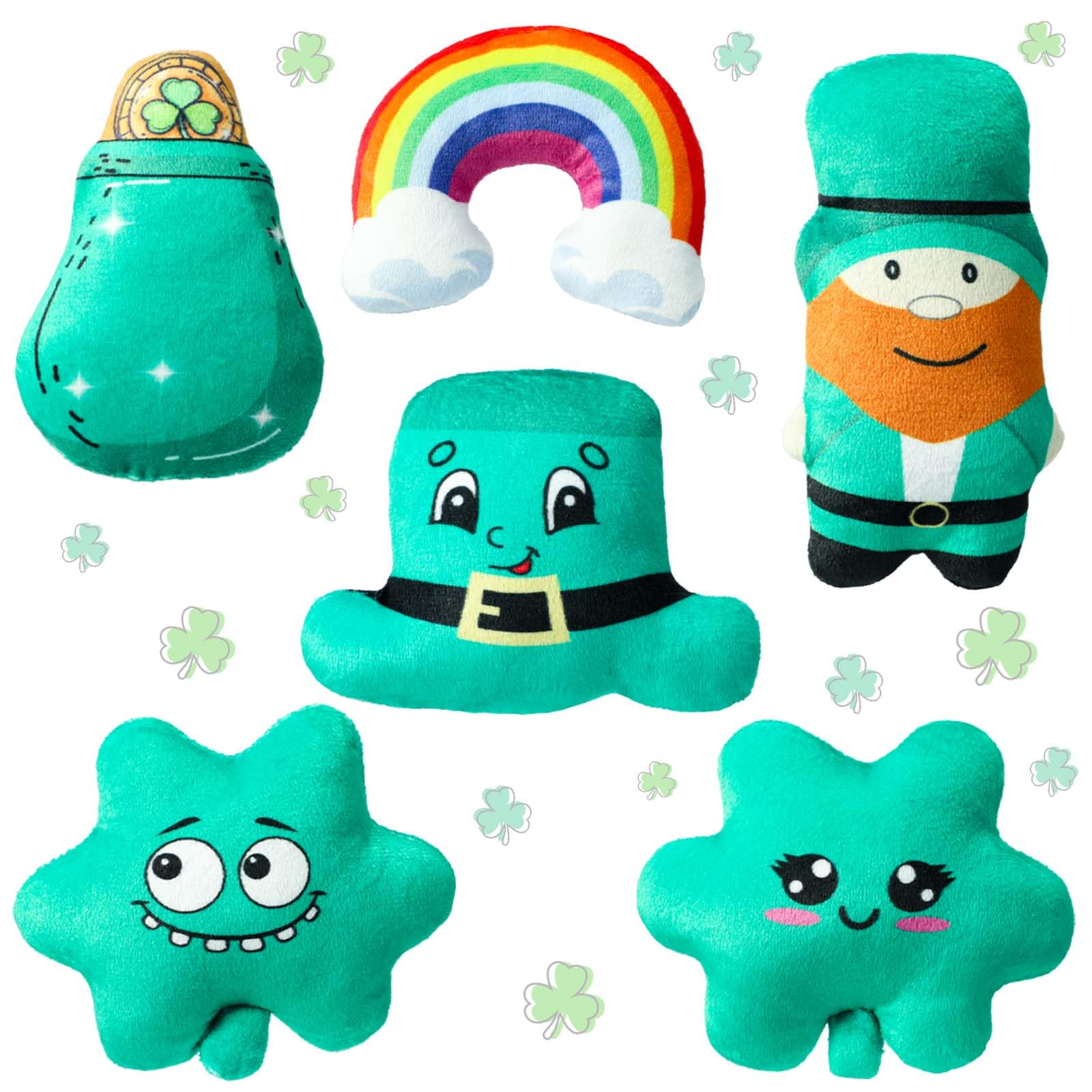 PullCrease 6 Pcs St. Patrick's Day Gifts Irish Gifts Ireland Toys, Leprechaun Stuffed Toy Decoration Green Hat Shamrock Irish Four Leaf Clover Leprechaun Jar Stuffed Toys for Holiday Party Bed Cushion