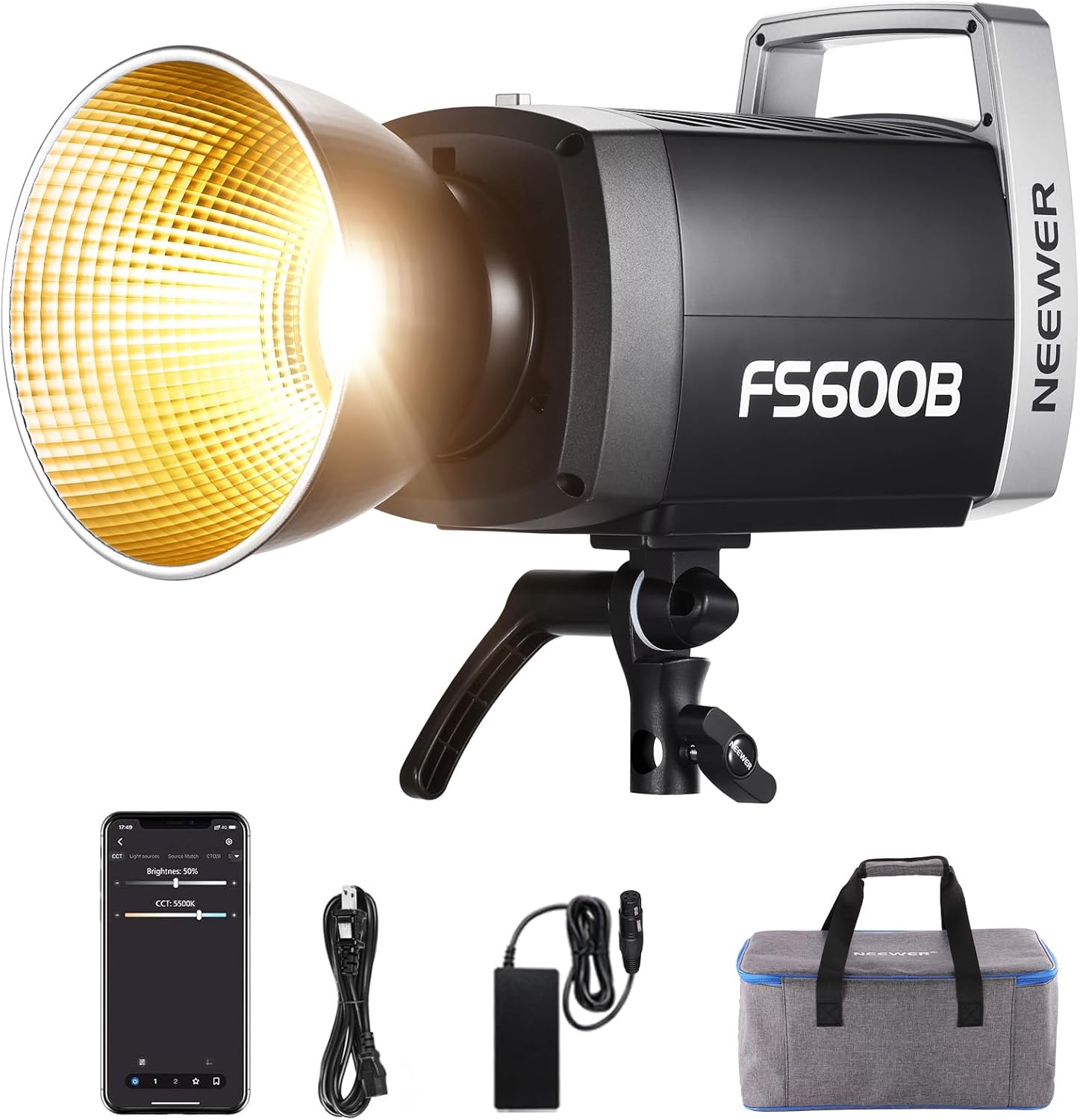 NEEWER 600W LED Studio Video Light 2.4G/APP Control 87100Lux/1m, 2700K-6500K Bi Color COB Continuous Lighting with CRI95+, 12 Scenes, Bowens Mount Spotlight for Photography Recording Streaming, FS600B