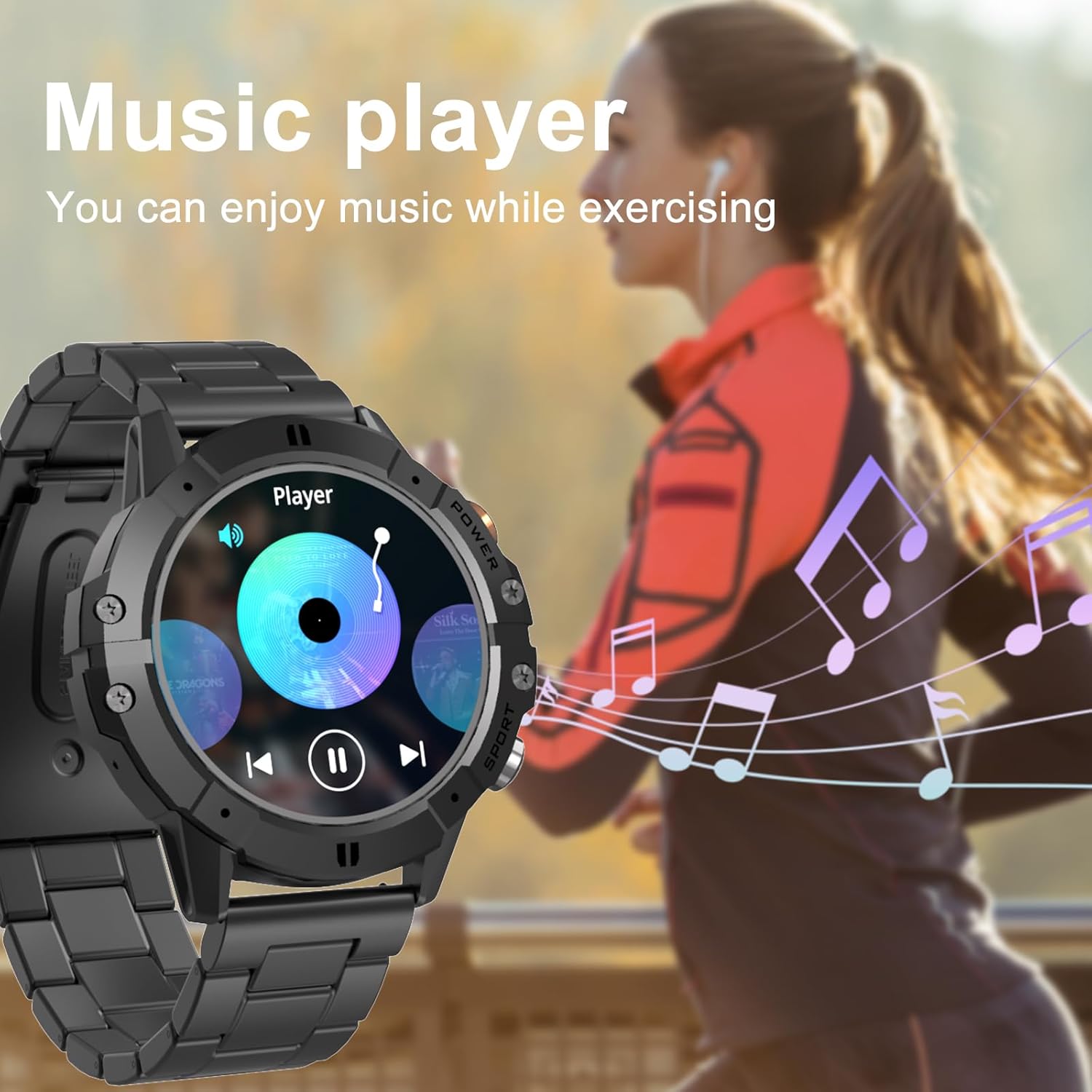 AMZSA C29 Smartwatch displaying music player controls