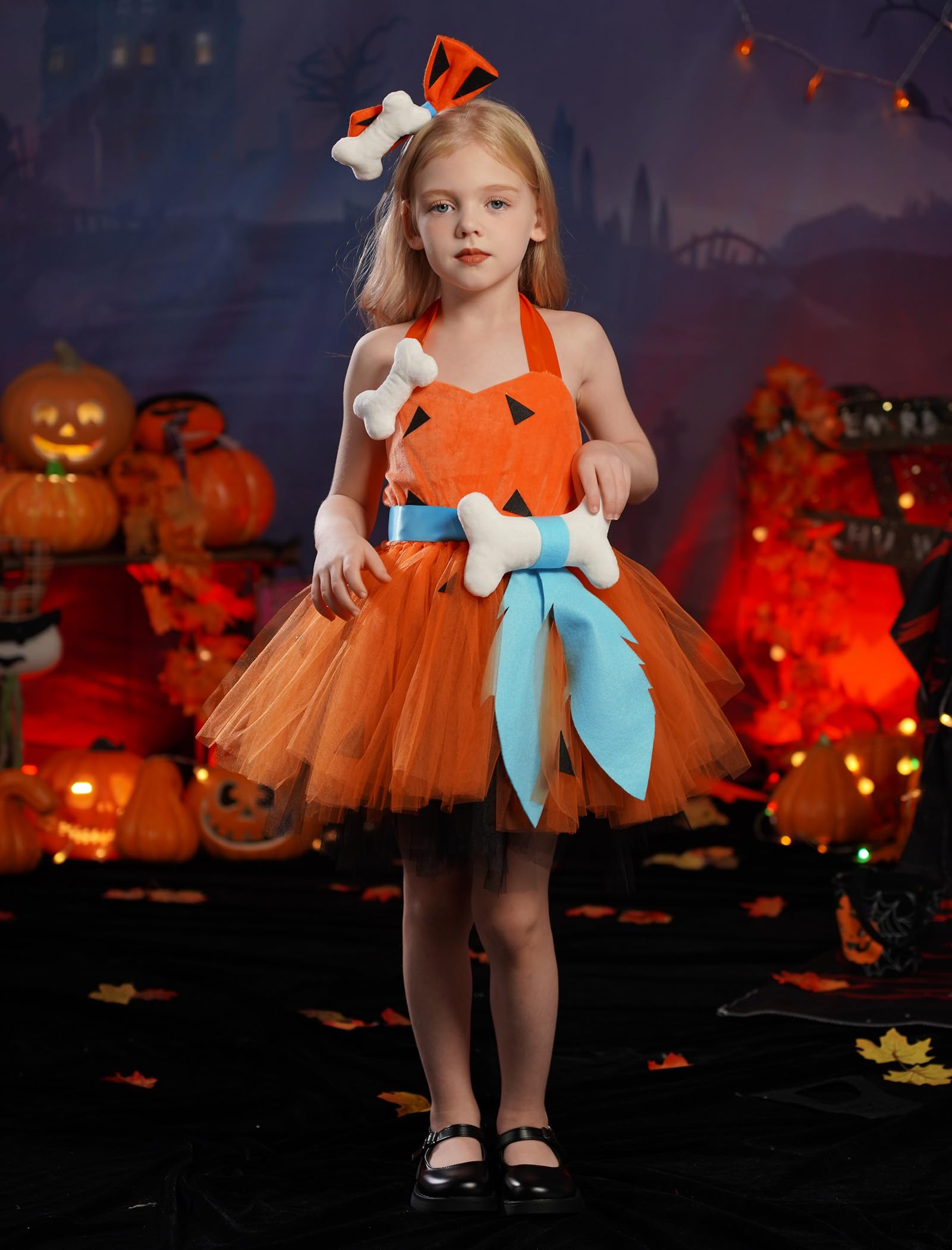 FYMNSI Girl Caveman Costume Kids Cavegirl Fancy Dress Up Toddler Baby Flintstones Halloween Party Cosplay Historical Stone Age Stage Performance Tutu Tulle Dress Bone Hair Clip Set Orange 11-12 Years - Image 2