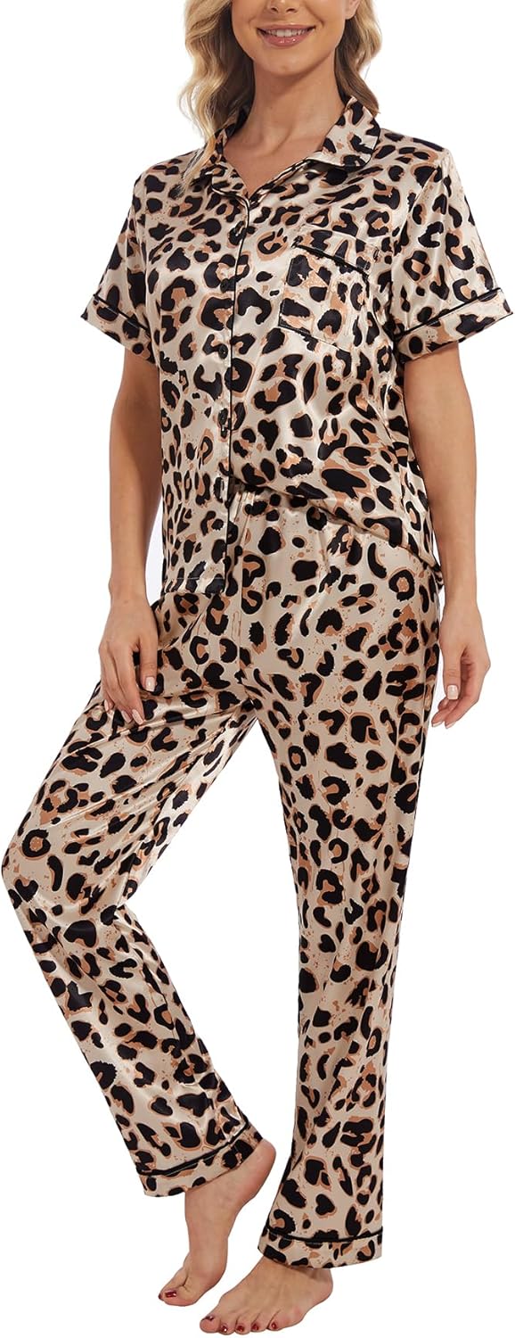 YIJIU Womens Silk Satin Pajamas Set Short Sleeve Sleepwear Soft Button Down Loungewear Two-piece Pjs Sets XS-XXL - Image 4