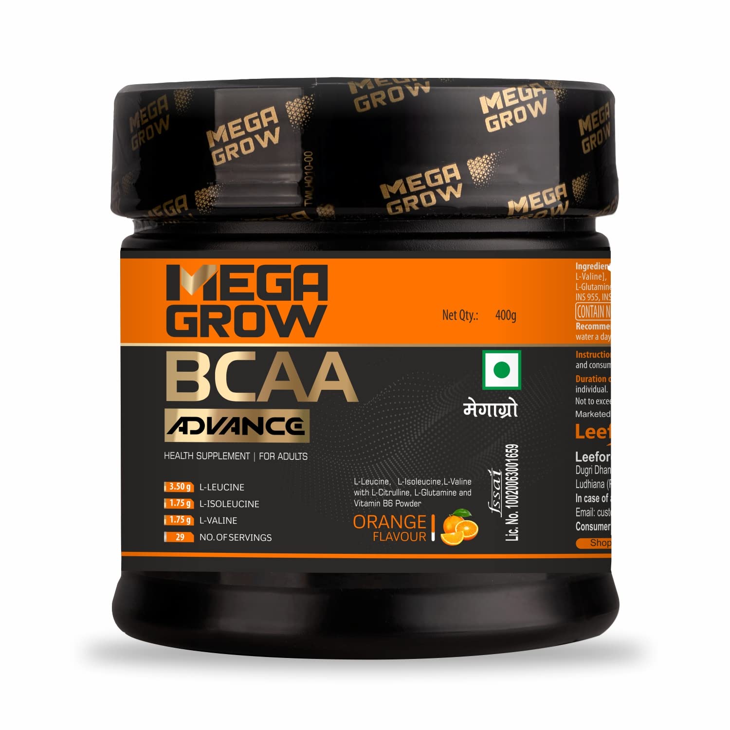 Megagrow BCAA Advance Intra/Pre Workout Supplement for Men & Women Orange Flavored, 400g -29 Servings - with Zero Sugar Added & Amino Acids Leucine, L-Glutamine & L-Citrulline-image-39