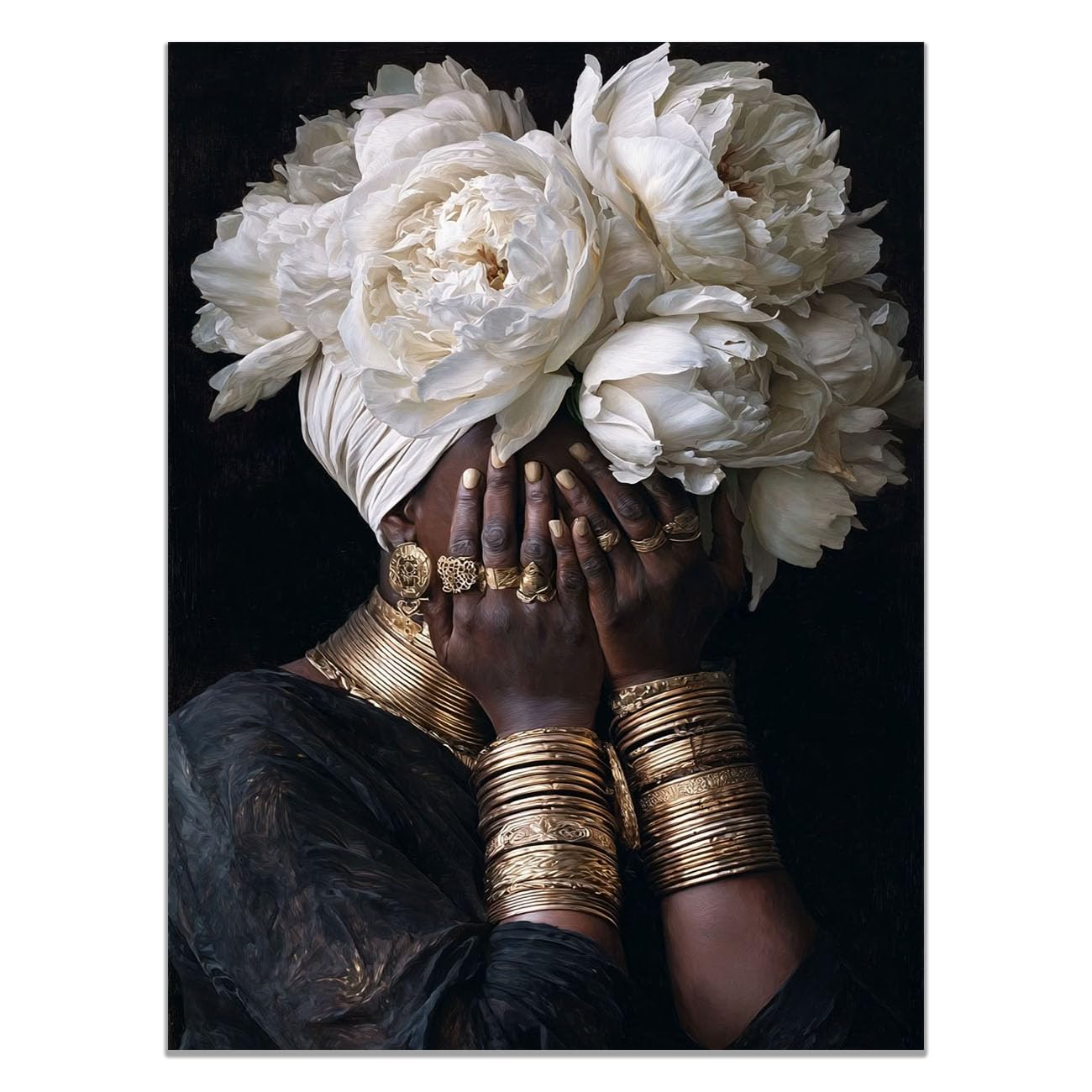QUSAAOU Wall Decor Paintings Woman White Peony Gold Jewelry Portrait Minimalista Modern Home Decoration Paintings Suitable Living Rooms Bedrooms Already Framed Ready Hang(black)-30x45cm1 Unframed