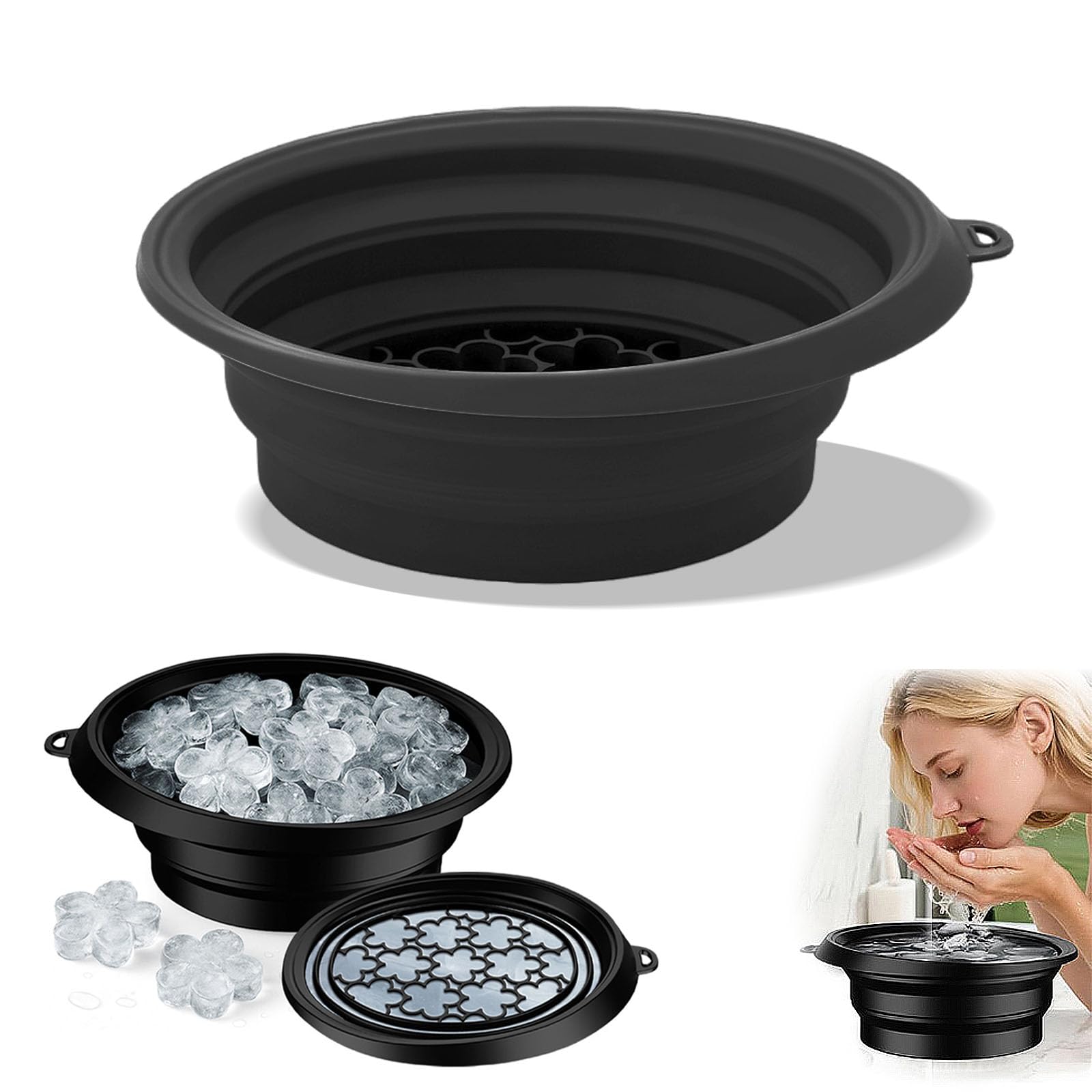 Ice Face Bowl, 29,5 x 23 x 10 cm Bassine Pliable Silicone Bac à Glaçons Intégré, Bol de Bain Glacé pour le Visage, Bol de Bain de Glace, pour le Lavage à la Maison ou en Voyage (Noir)