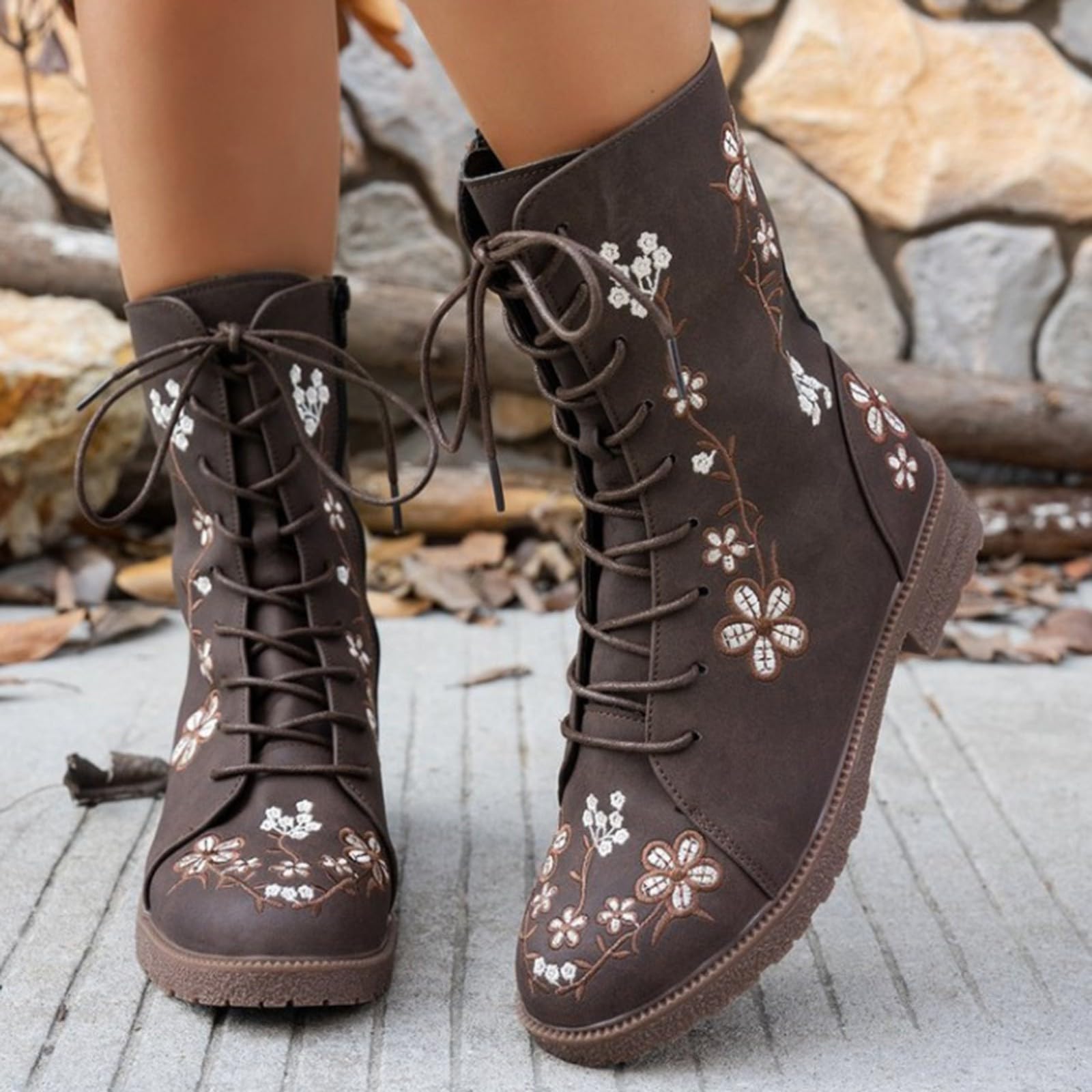 Bottines pour femme - En cuir - Élégantes - Avec fermeture éclair - Pour l'automne et l'hiver - Imprimé floral