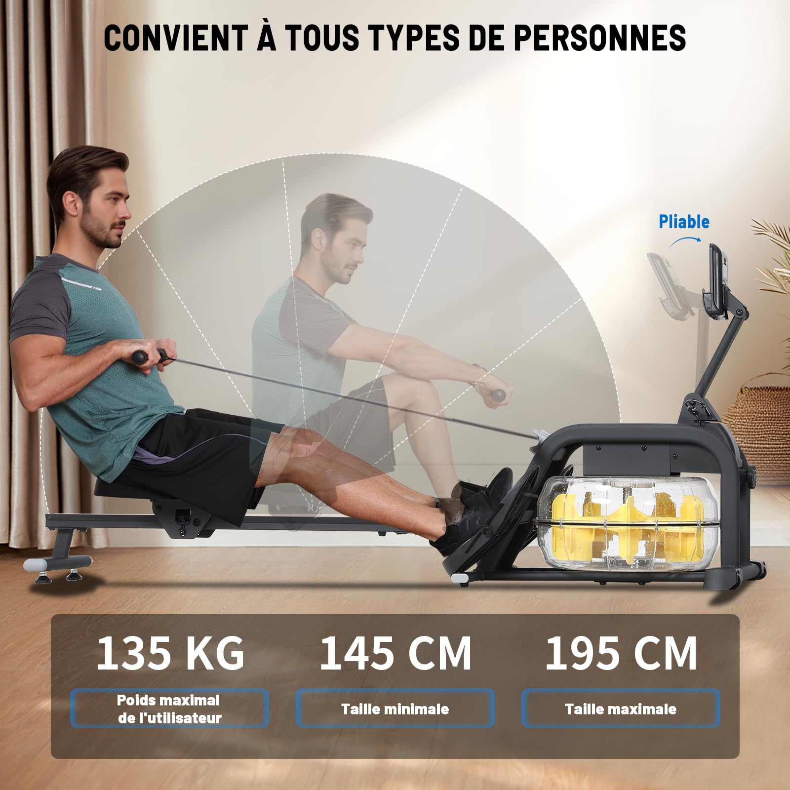 Rameur Eau d'Appartement Musculation avec Résistance Réglable, Multifonction Écran LCD, Support Tablette, Rameur a Eau Rails Lisses/Siège Confortable, Rameurs Ergonomie Capacité 135KG, Noir