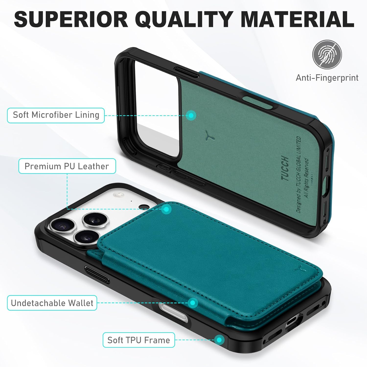 TUCCH Card Case for iPhone 17 Pro Max (6.9-inch), RFID Blocking 3 Card Slots | Lanyard Crossbody Strap | Clear ID Window | Unremovable Wallet | Magnetic Closure | Shockproof Phone Cover | Bluish Green