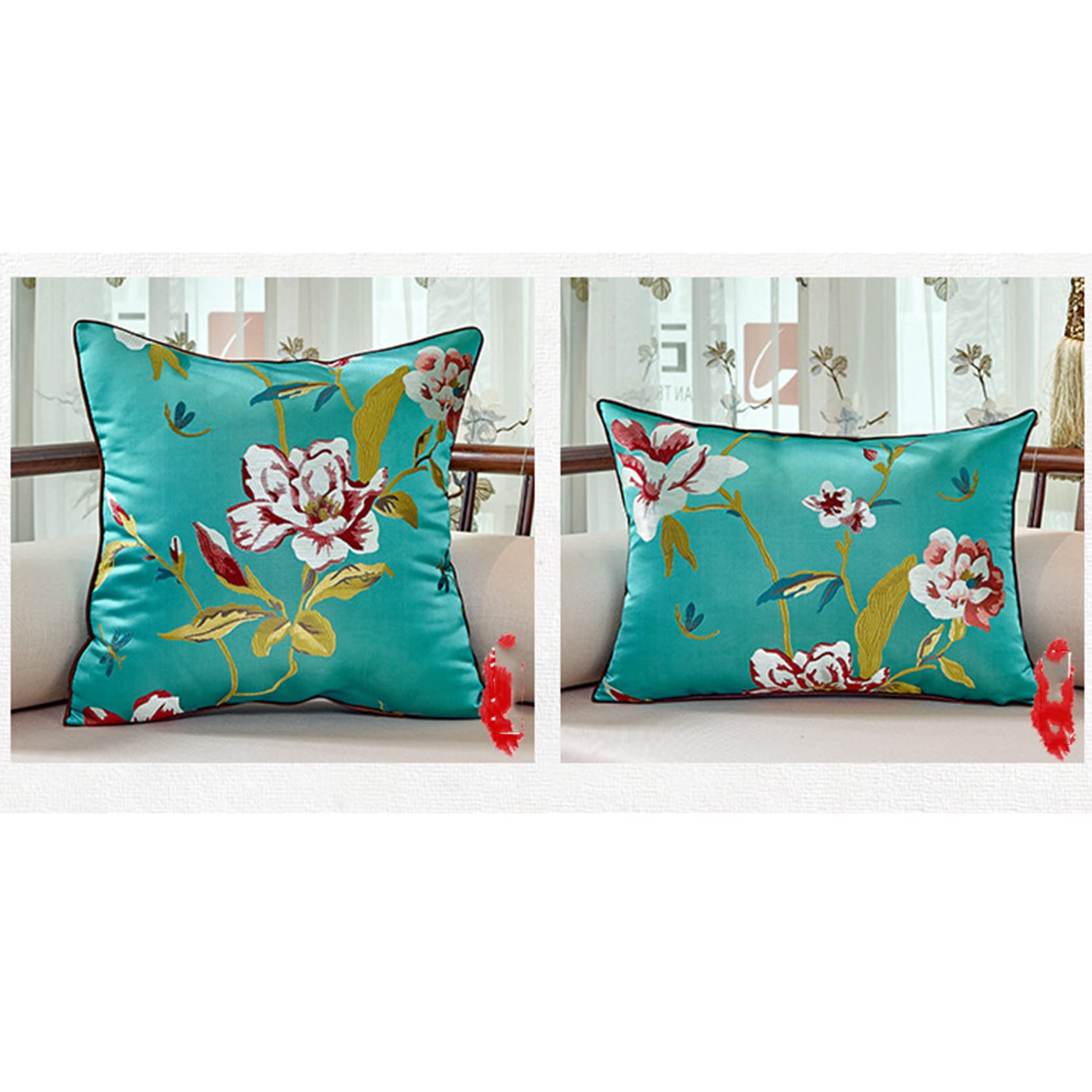 Juego de 2 fundas de almohada bordadas, funda de cojín de satén decorativa con cremallera oculta, funda de almohada jacquard para sofá, cama, azul lago, 55 x 55 cm