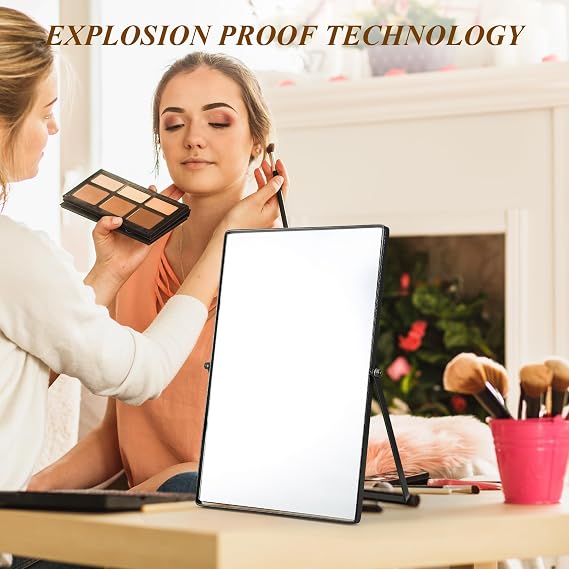 Vanity Mirror, Metal Frame Desk Makeup Mirrors, Portable Black Bathroom Mirror Free Standing, 360° Adjustable Rotation Dressing Table Mirror for Bathroom Bedroom