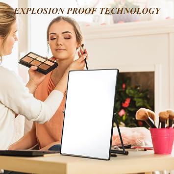 Vanity Mirror, Metal Frame Desk Makeup Mirrors, Portable Black Bathroom Mirror Free Standing, 360° Adjustable Rotation Dressing Table Mirror for Bathroom Bedroom