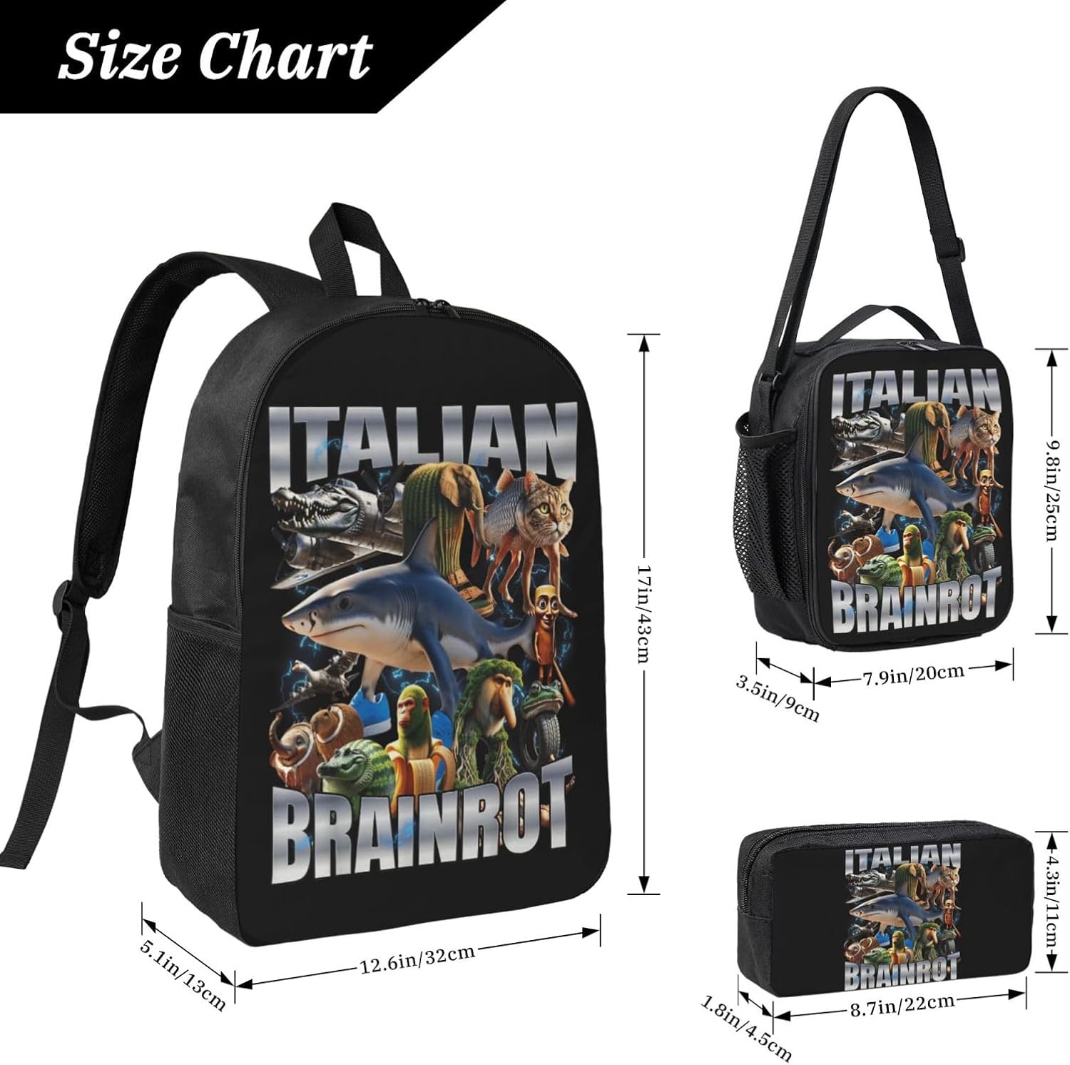 Dyale Adjustable Rucksack Lunch Bag Pencil Case Italian Brainrot’s Horror Game Backpacks 3pcs Set Primary Secondary Daypacks Work Laptop Bookbags Daily Gifts