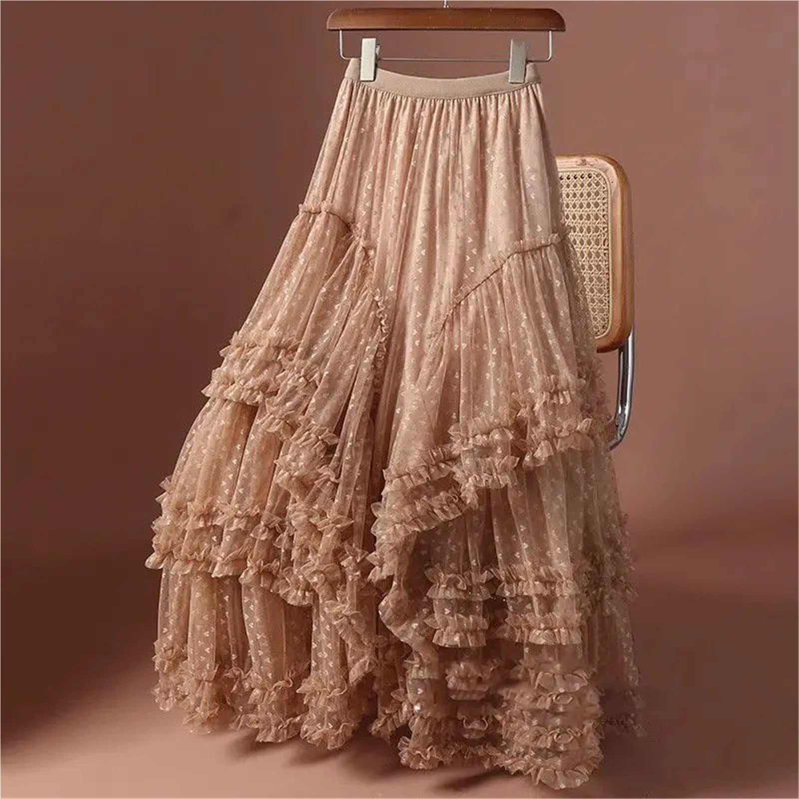 Gonna a Rete Irregolare da Vacanza in Tinta Unita alla Moda Vintage | Gonna a rete irregolare da vacanza Abito da torta da fata pieghettato a vita alta con bordo volant