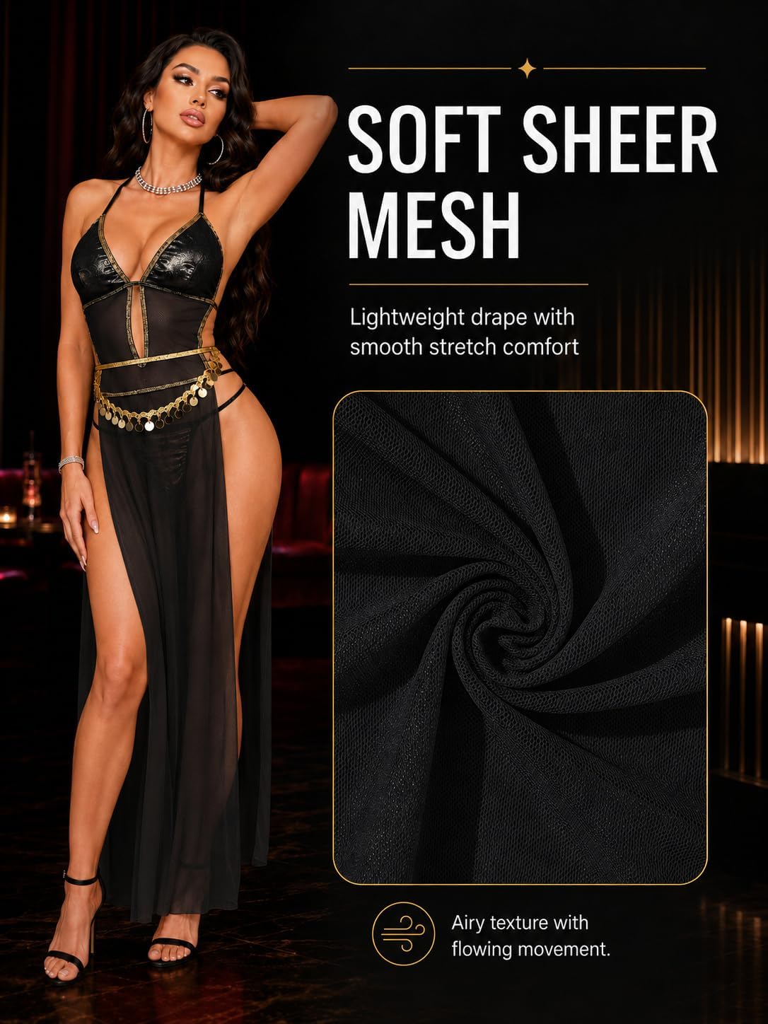 FEOYA Sexy Lingerie Set for Women Belly Dance Costume See Through Mesh Sheer Set Cosplay Rave Festival S-2XL