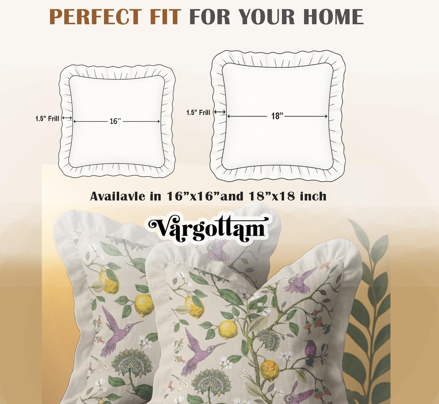 Set of 2 Cotton Twill Pillow Covers - Bird with Leaves Print, 16x16 Frill Cushion Covers with Hidden Zipper, Reversible Print, Rustic Farmhouse Decor