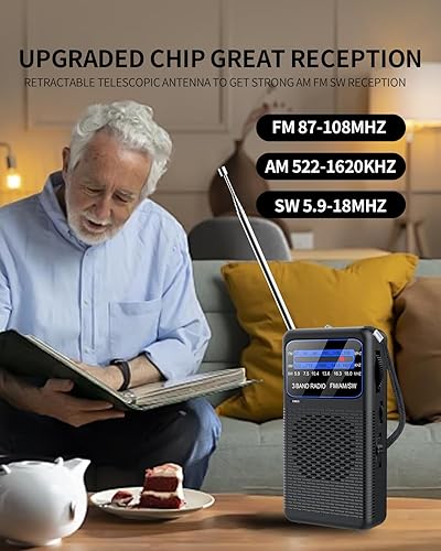 Miniatura 2 de Radio de bolsillo de 3 bandas, radio portátil AM FM SW funciona con pilas con onda corta, radios de transistor de clip trasero con linterna LED de