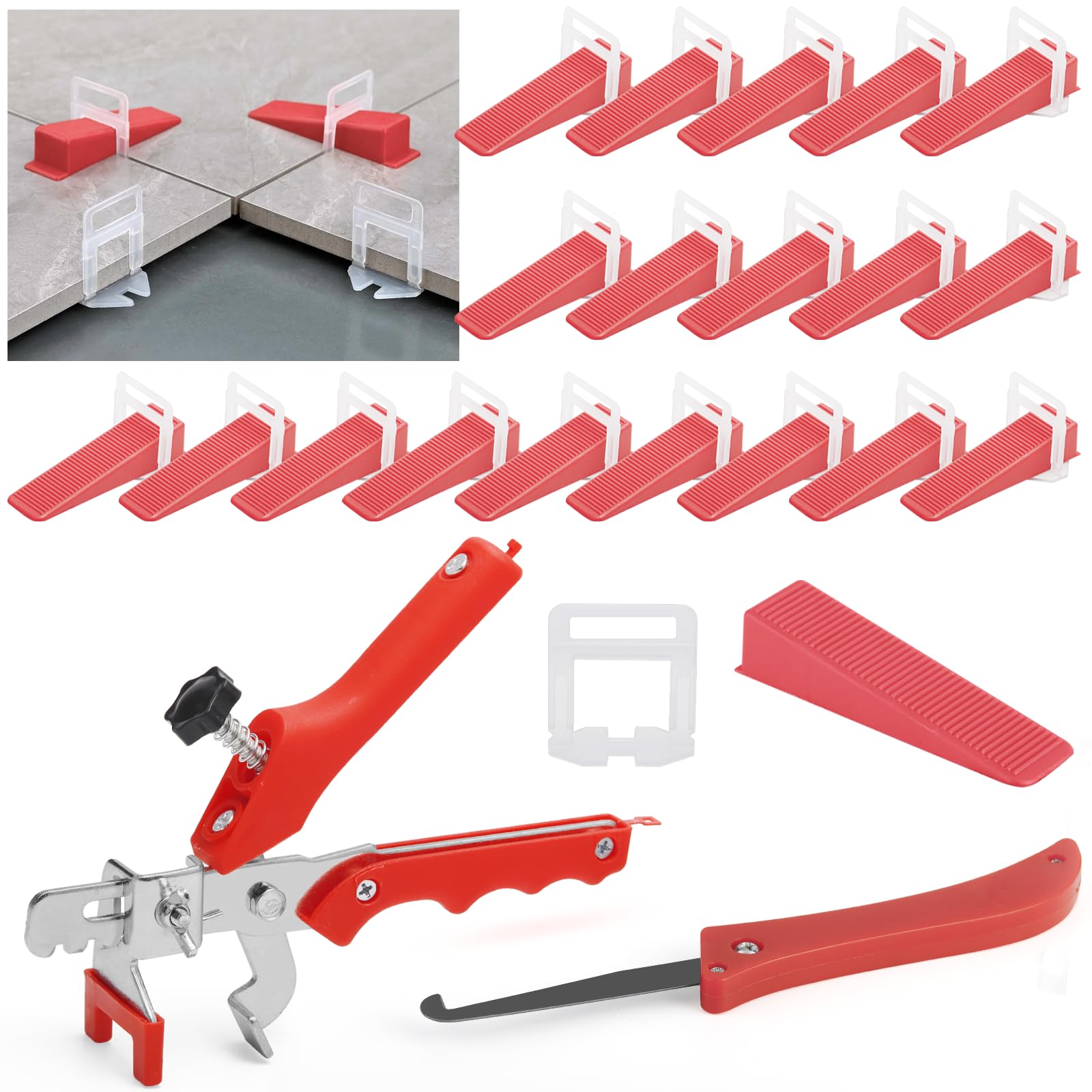 Fliesen Nivelliersystem 2mm, 402 Stück Nivelliersystem, 300 Zuglaschen, 100 Keile, 1 Zange, und 1Fugenkratzer, Fliesen Werkzeug für DIY-Fliesenarbeiten an Wand und Boden