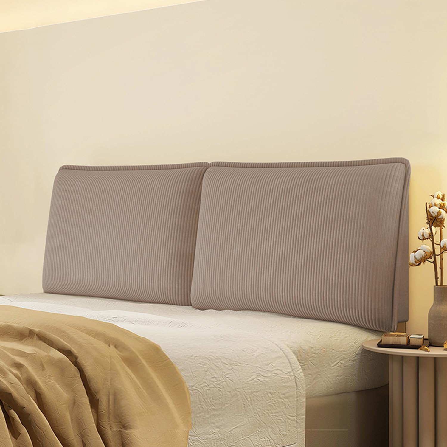 Corduroy Upholstered Headboard Cushion for Queen Size Bed Solid Color Stripe Wall Pillow with Removable Slipcover and Coffee Straps