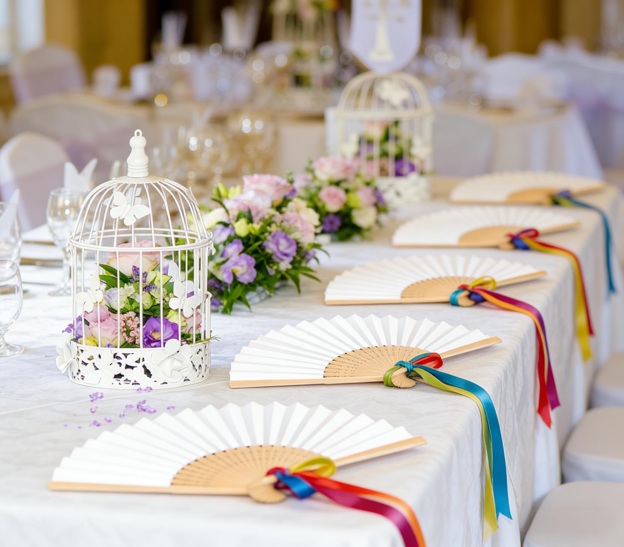 50 Handfächer Hochzeit- Weißer Fächer für Sommer Events & Hochzeitsdeko DIY-Dekoration, Fächer Hochzeit Gäste, Fächerstiel aus hochwertigem Bambus