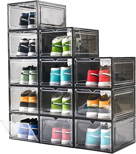 Miniatura 10 de Cajas de zapatos grandes de plástico transparente apilables, caja de zapatos con frente abatible con puerta transparente, contenedores de zapatos