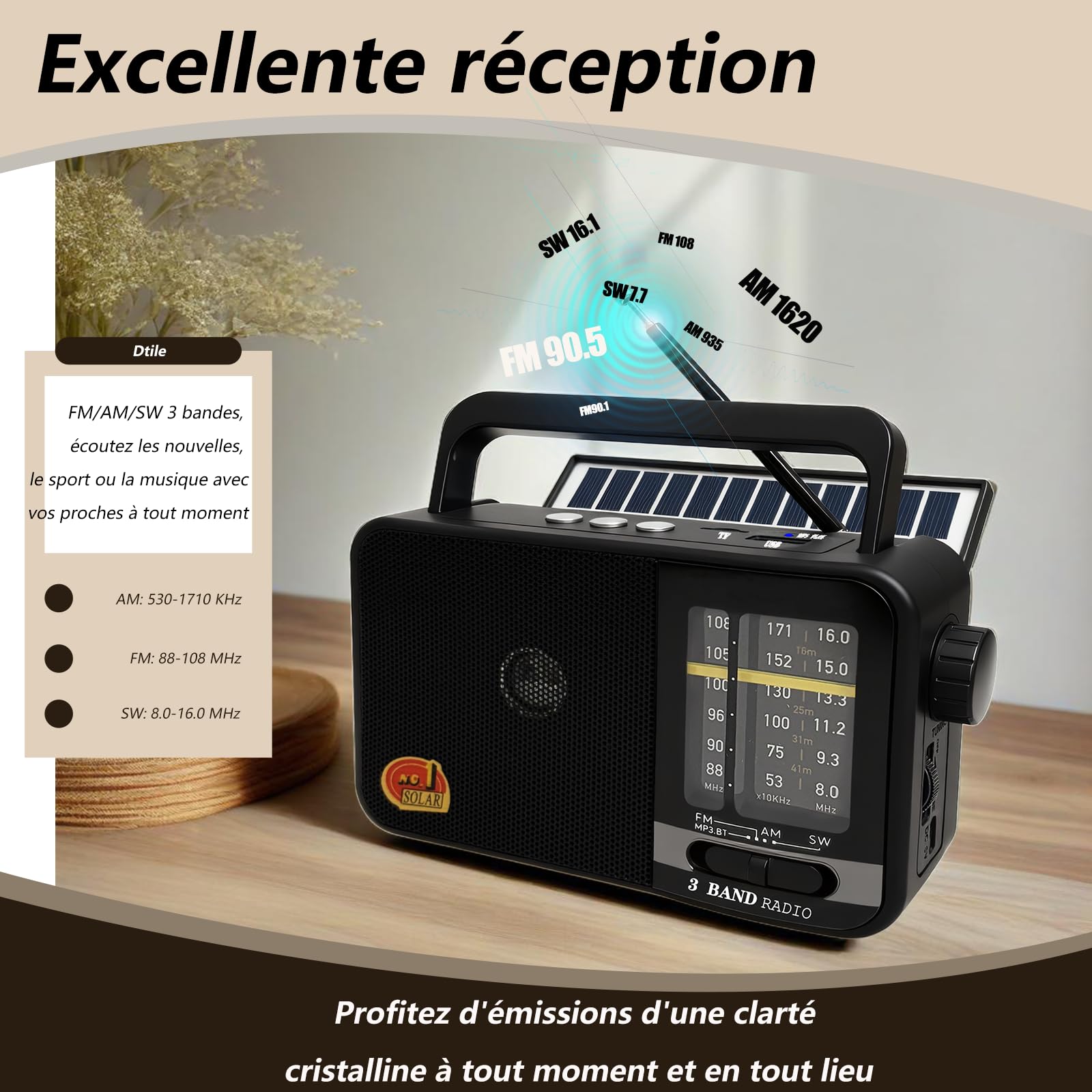 Poste Radio Portable avec Panneau Solaire & Batterie 1200mAh, Récepteur AM/FM/SW avec 8W Haut-Parleur/TWS/USB/TF, Transistor Radio a Pile luetooth pour Camping, Urgences et Extérieures (Noir)