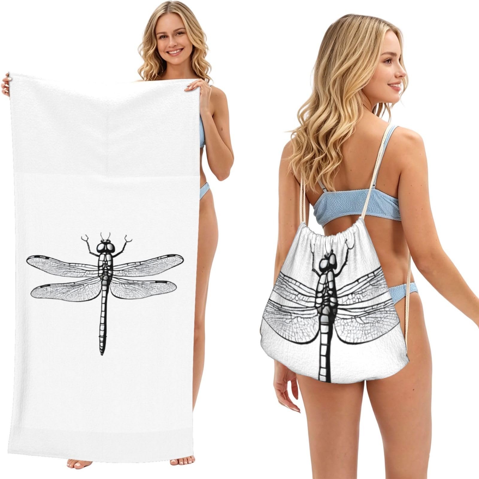 ESNAIUVCD Dragonfly Print Beach Towel For Adults,Towel With Drawstring Bag, Travel Pool Swimming Sports Shower Sand Free Quick Dry Bath Towel For Pool, Beach, Yoga- 180x60cm