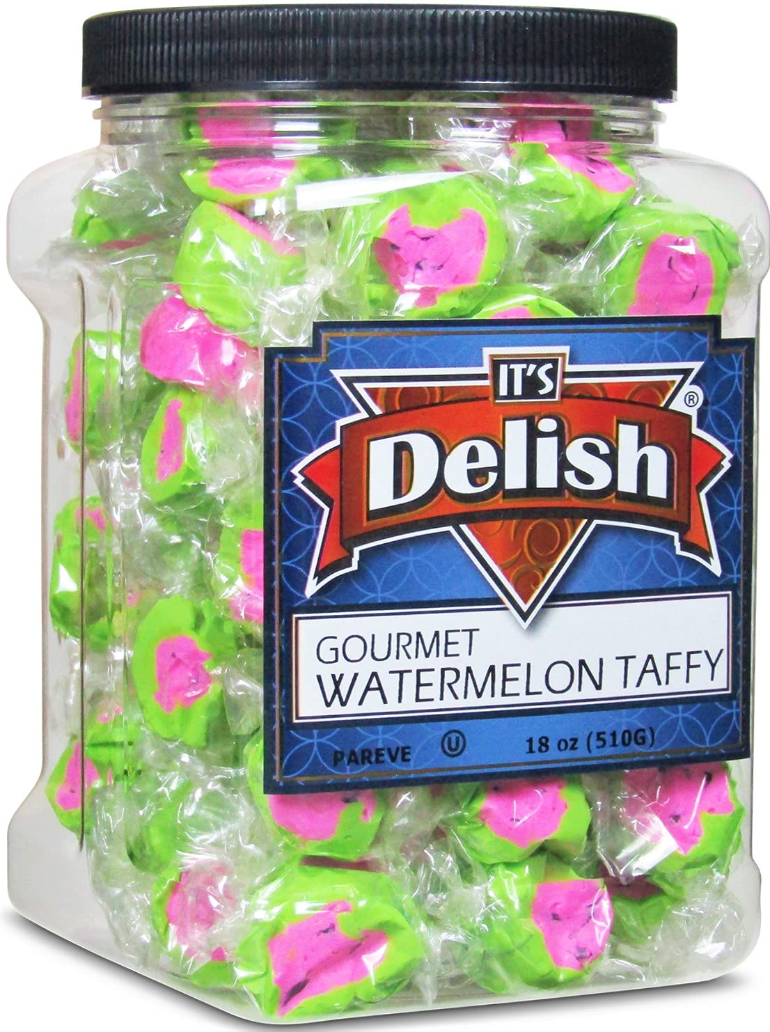 Gourmet Watermelon Taffy Chews by Its Delish – 18 Oz Jumbo Reusable Container (Jar) – Chewy Fluffy Individually Wrapped Sweet & Juicy Soft Candy Taffies - USA Made & Certified Kosher