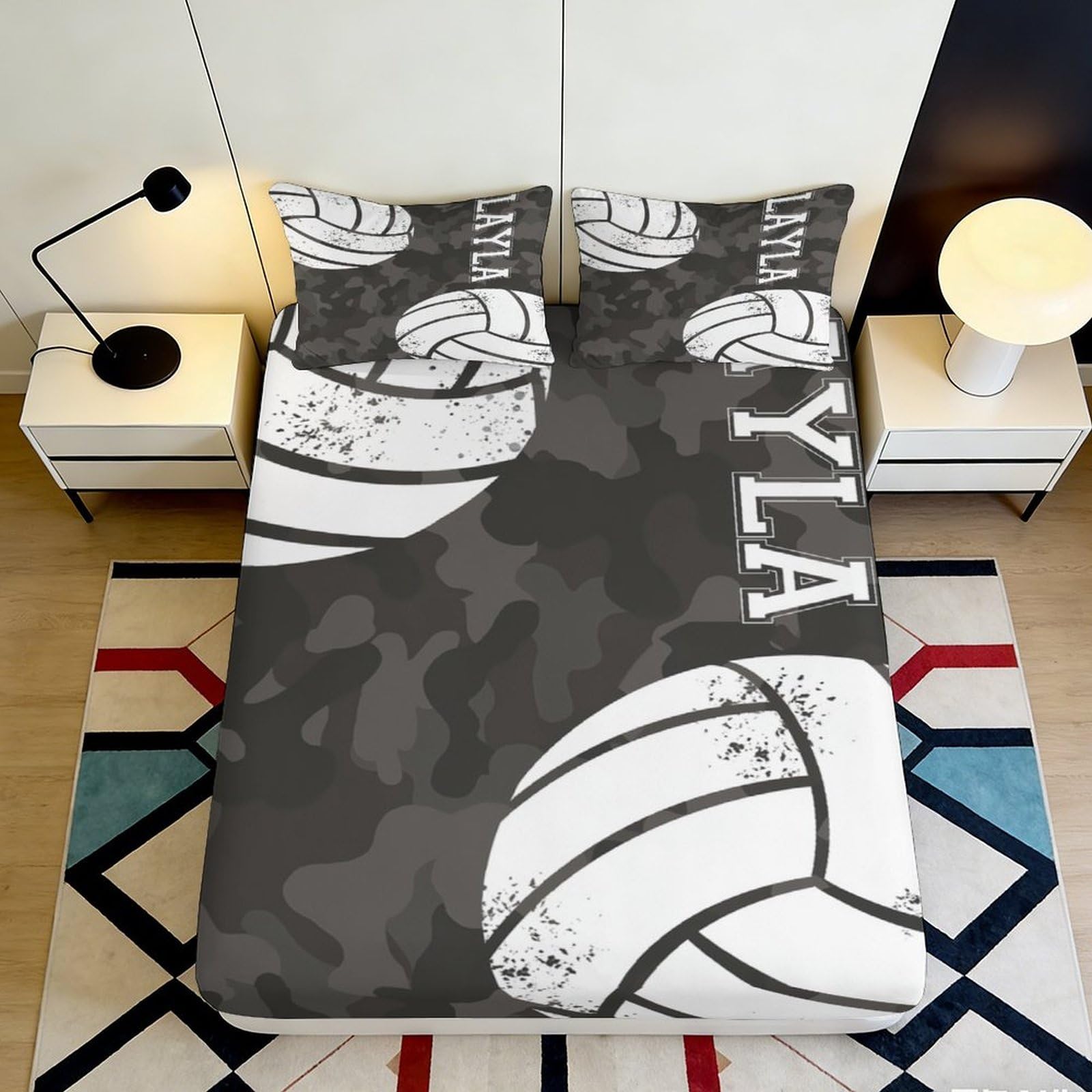 3D Printed Volleyball Black Grey Fitted Sheet Microfiber Breathable Graphic Mattress Cover for Bedroom Dorm Decor 90x200x25cm