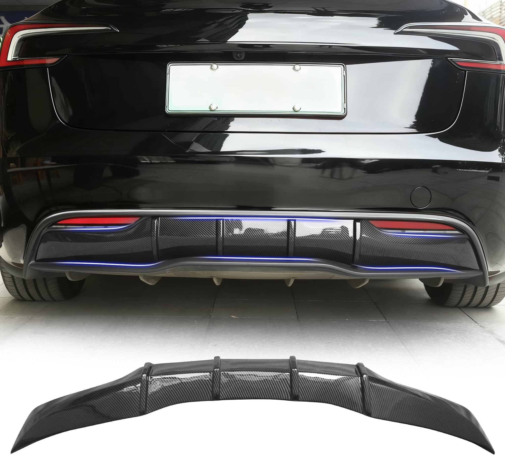 Rear Diffuser for Tesla Model 3 2024-2025 Highland – No Drilling. This Rear Bumper molding Protector Lip is Made from PP Material with (Glossy Carbon Fiber)