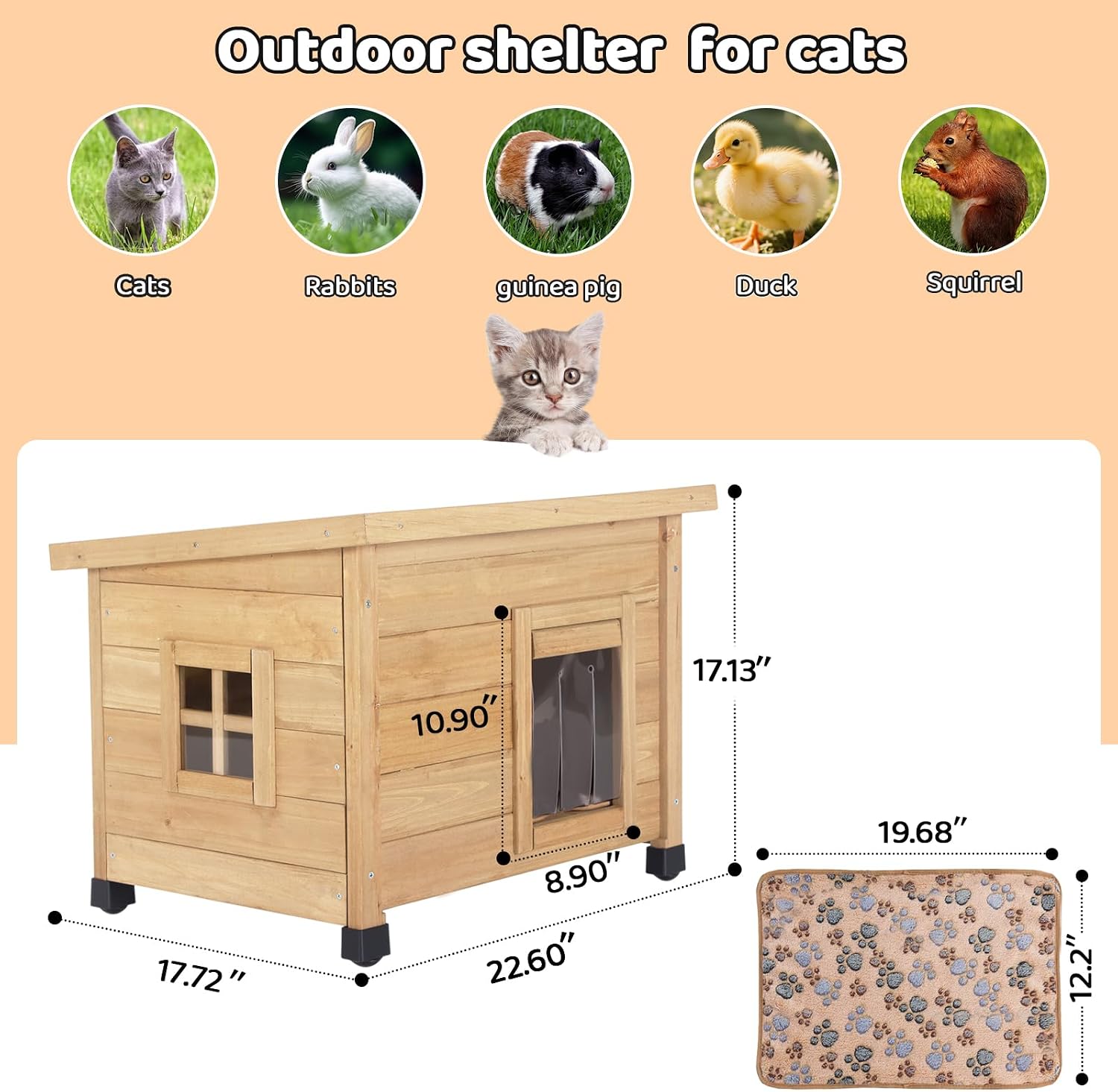 Outdoor Cat House, Weatherproof Wooden Pet House Shelter for Winter, Gray and White (Pure Yellow)