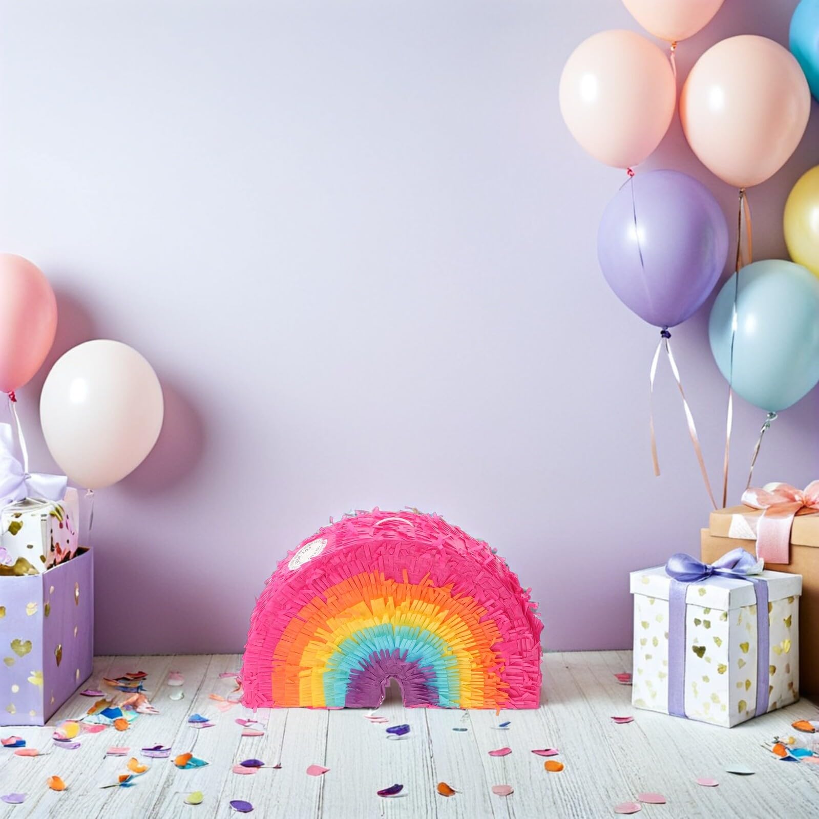 Pinata Arcobaleno a Forma di Torta, Set 1 Pezzo Carta | Bastone e Benda, Capacità 5lbs, per Feste e Carnevale, Stile Boho Dai Colori Vivaci