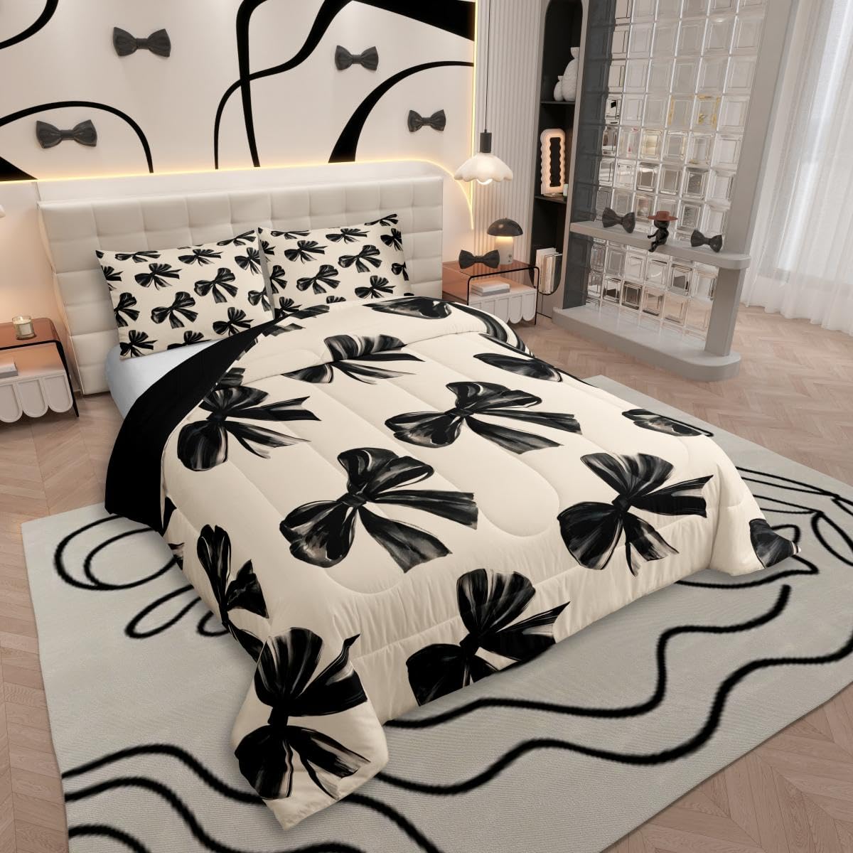 Erosebridal Bow Bedding Set Toddler Black Bow Tie Bedding Comforter Sets for Kids Teen Adults Room Decor,Watercolor Bowknot Comforter Set Black White Simple Decor Bed Duvet Set
