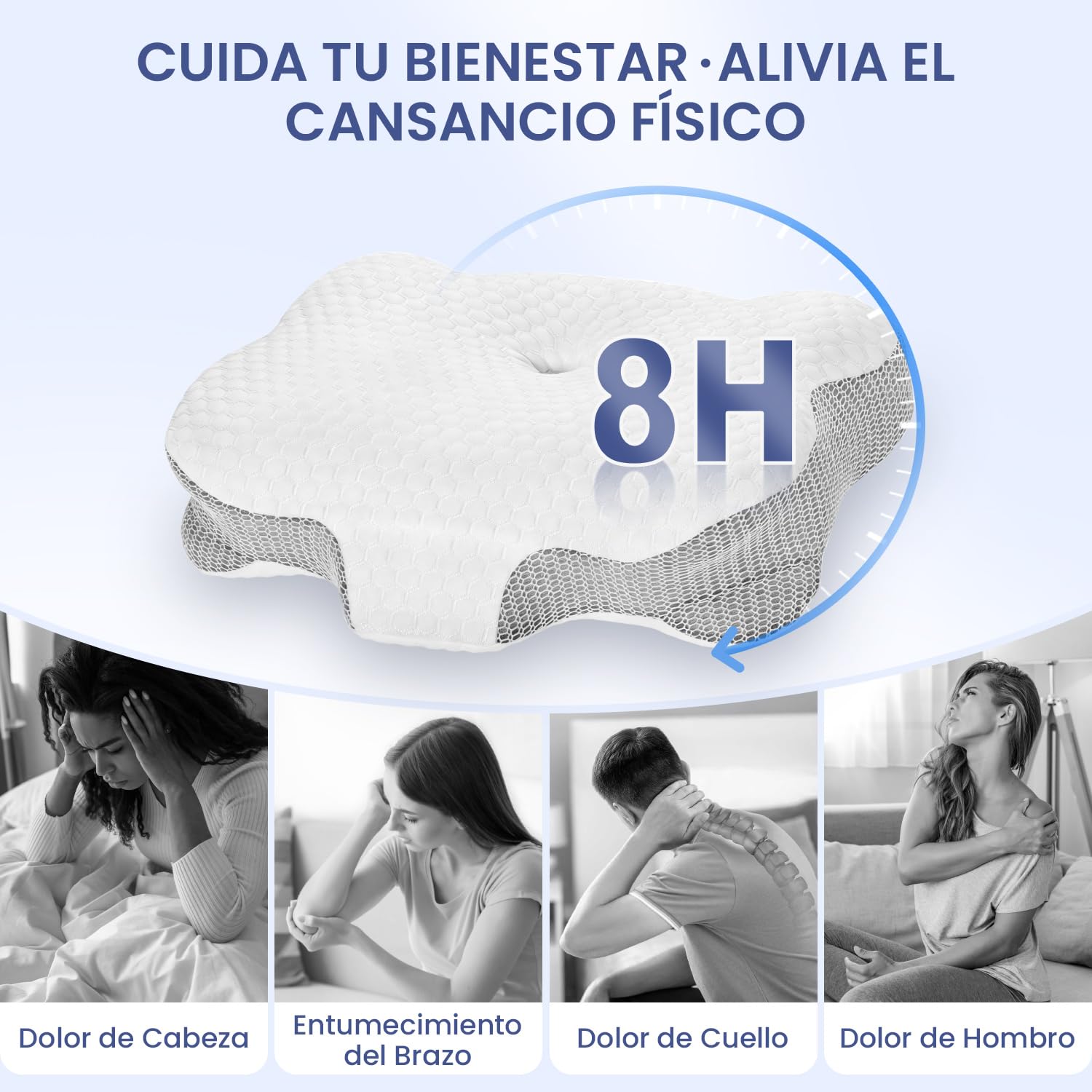 Almohada Cervicales y Cuello, Almohada Cervical Ergonómica de Espuma Viscoelastica, Almohada Ortopedica para Soporte de Cabeza/Cuello/Hombro, Dormir de Lado, Boca Arriba y Boca Abajo (Blanco)