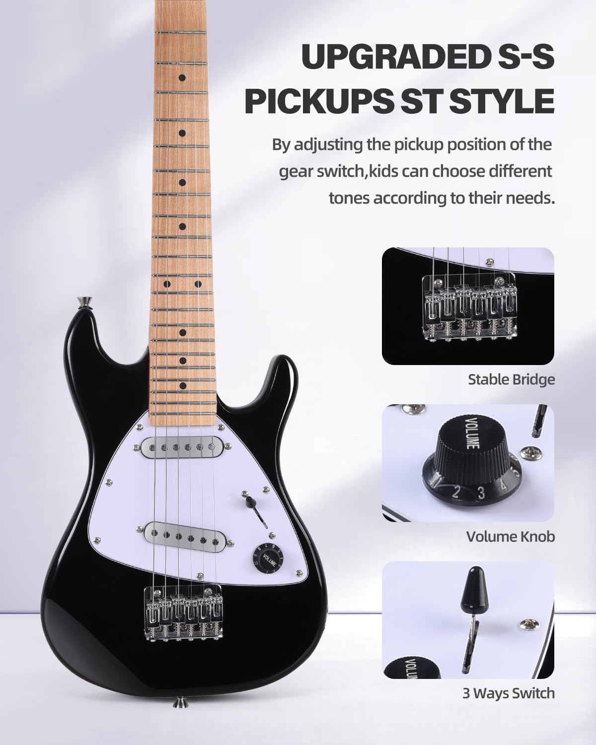 Winzz - 30-calowy zestaw do gitary elektrycznej dla dzieci dla początkujących mini gitara elektryczna rozmiar 1/4 dla dzieci, kompletny zestaw startowy ze wzmacniaczem, jasny czarny