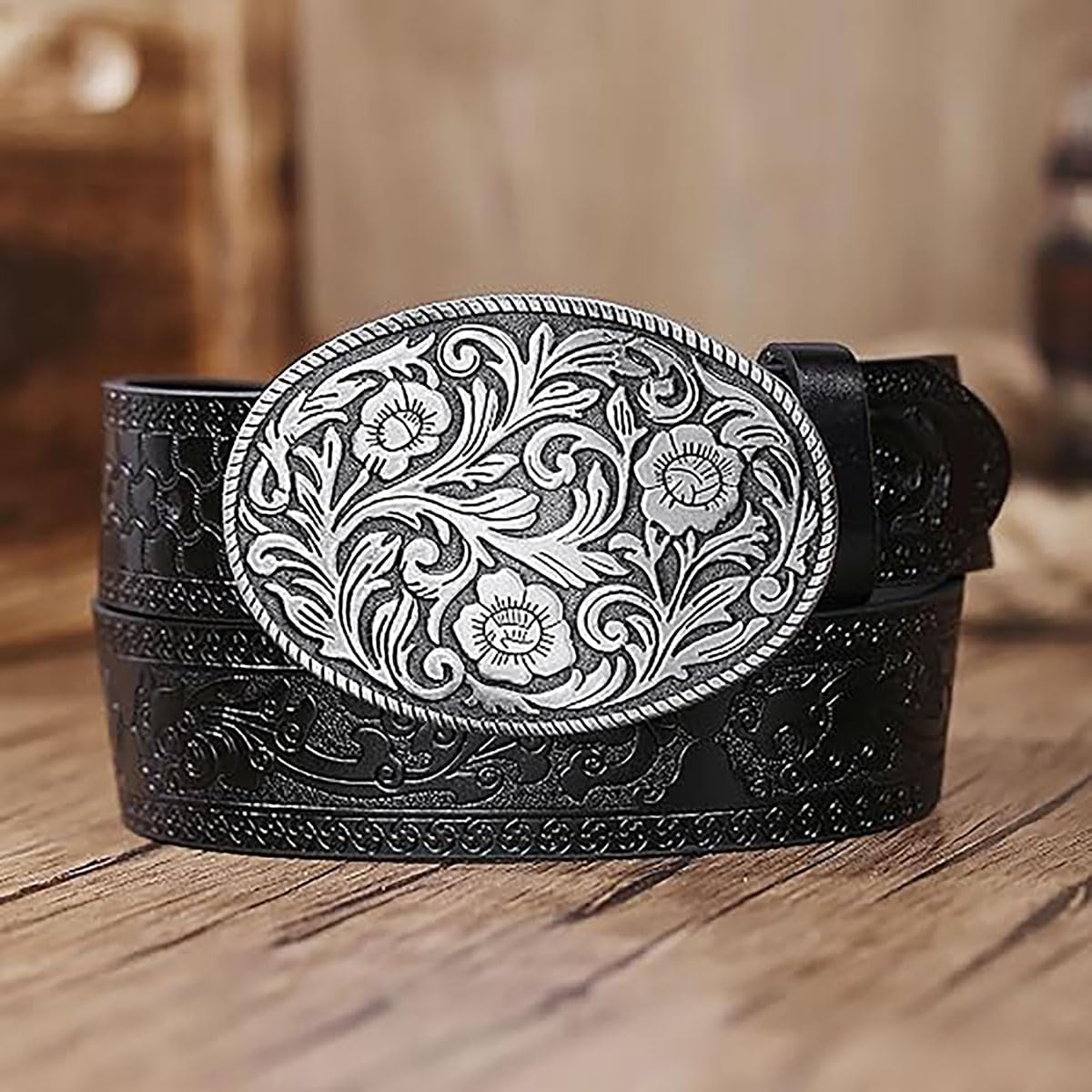 Engraved Oval Flower Belt Buckle Western Cowgirl Cowboy Belt Buckle for Women Girls Belts