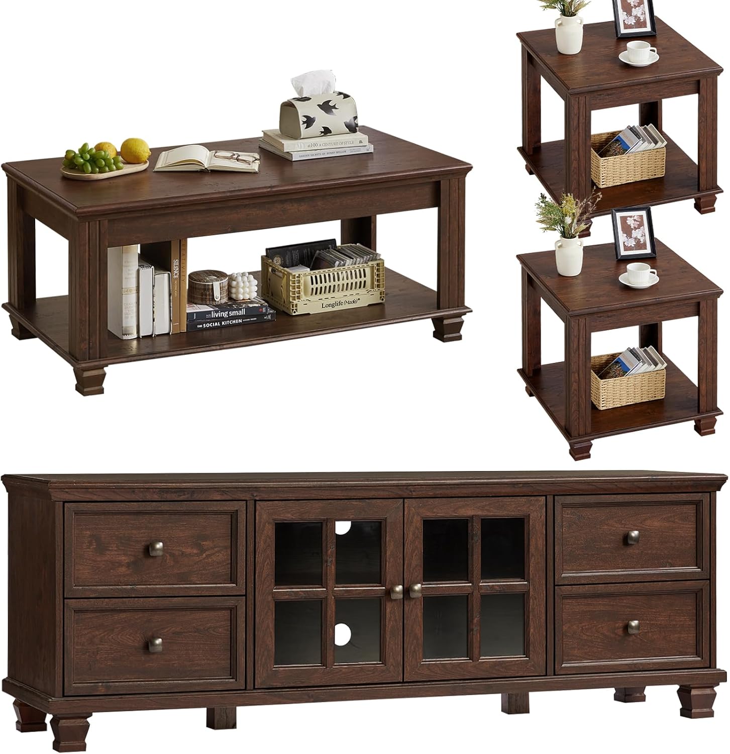 Farmhouse TV Stand and Coffee Table Set 4, Rustic Wood Living Room Table Set with TV Console, Center Table, End Table Set of 2 for Living Room, Walnut