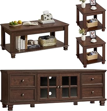 SAVOR LIFE Farmhouse TV Stand and Coffee Table Set 4 Piece, Walnut