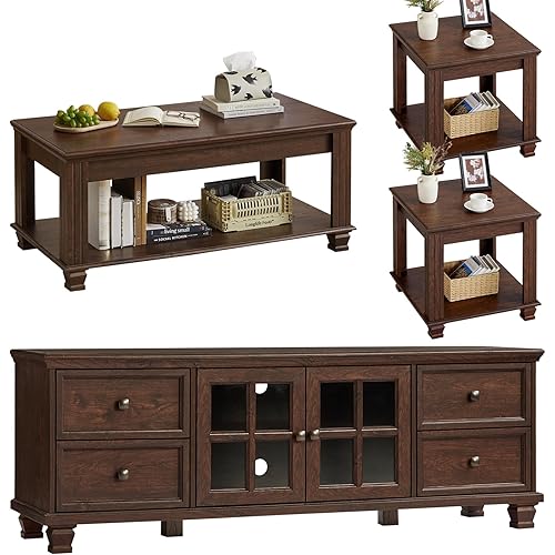Farmhouse TV Stand and Coffee Table Set 4, Rustic Wood Living Room Table Set with TV Console, Center Table, End Table Set of 2 for Living Room, Walnut