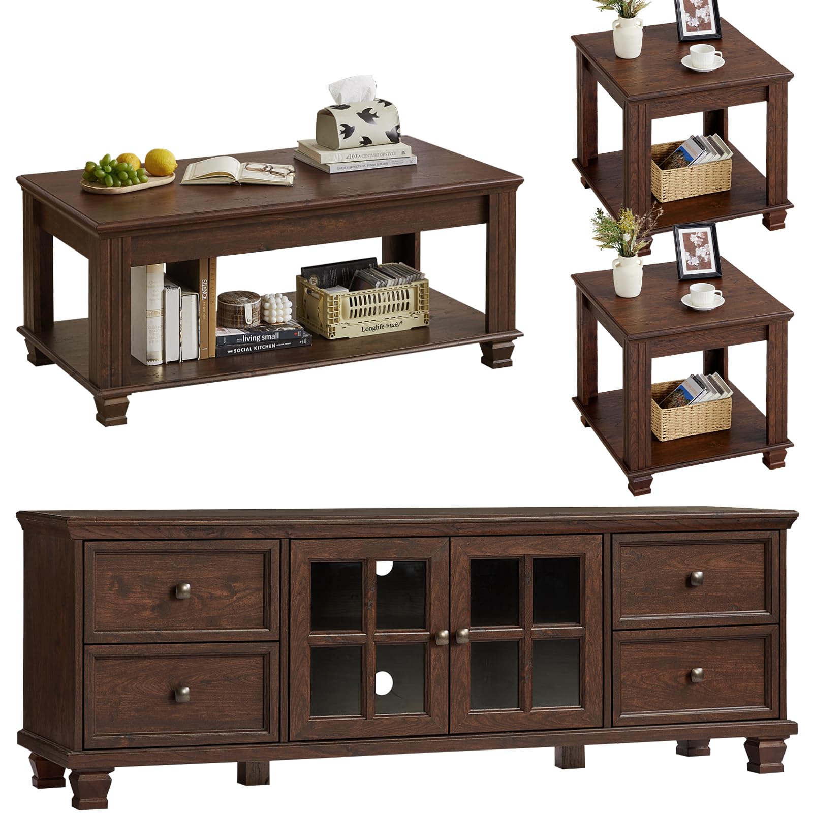 Farmhouse TV Stand and Coffee Table Set 4 Rustic Wood Living Room Table Set with TV Console Center