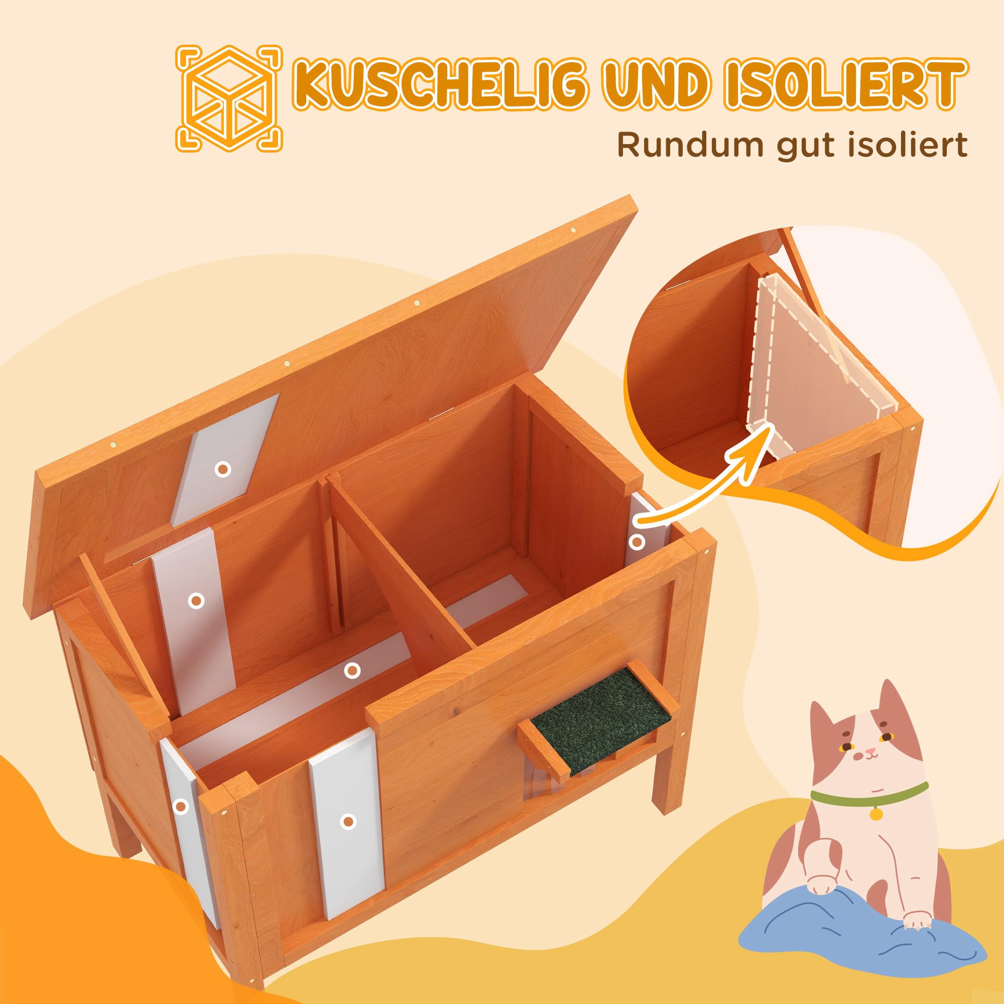 PawHut Katzenhaus aus Holz Winterfest wasserdicht 85x50x68,5 cm Orange | Katzenhütte mit Asphaltdach, Boden Füße, Katzenhöhle Katzenkiste, Outdoor Schutzhütte, für Draußen Garten Balkon