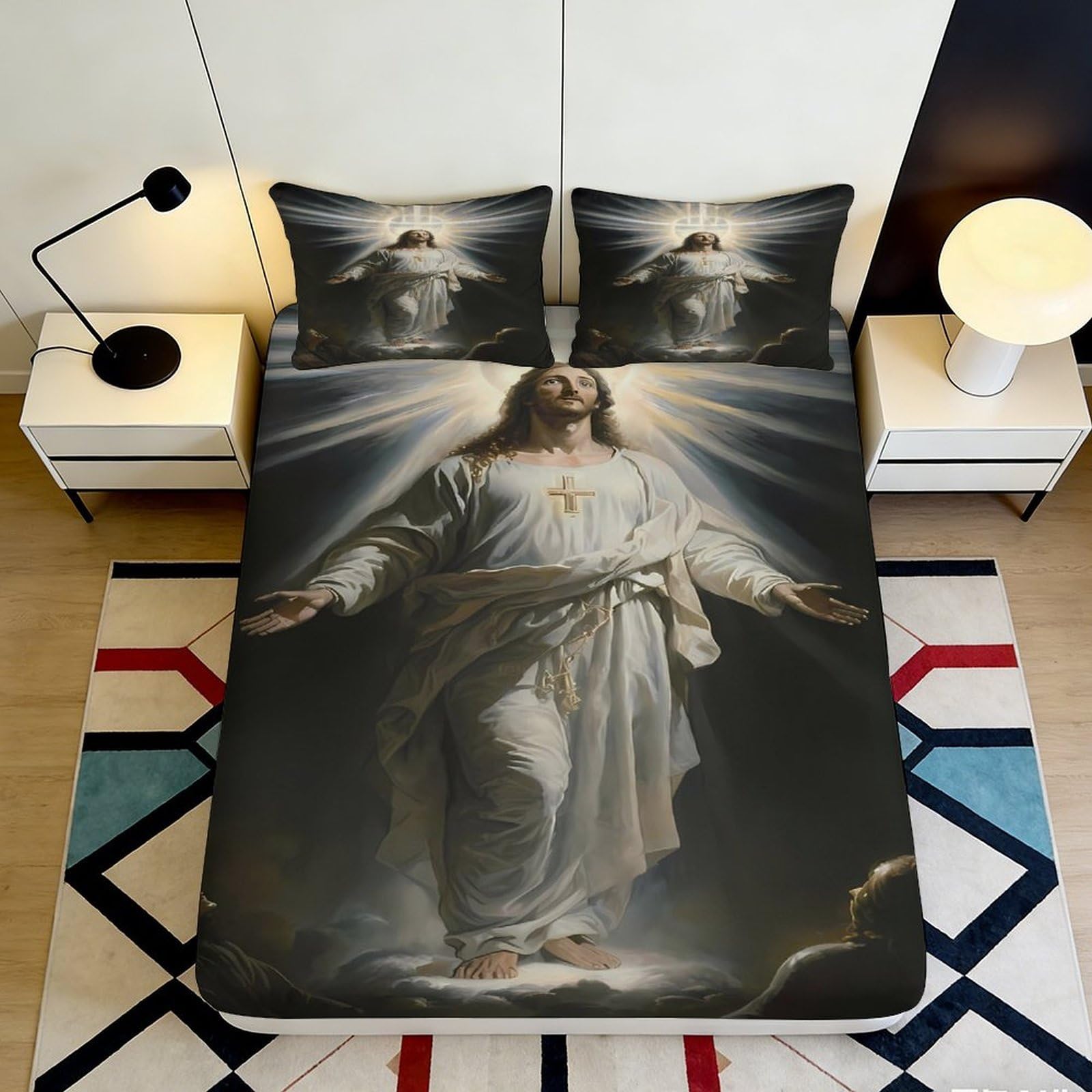 3D Printed Jesus Ascension Fitted Sheet Microfiber Soft Mattress Cover for Bedroom Guest Room Religious Decor 90x200x25cm
