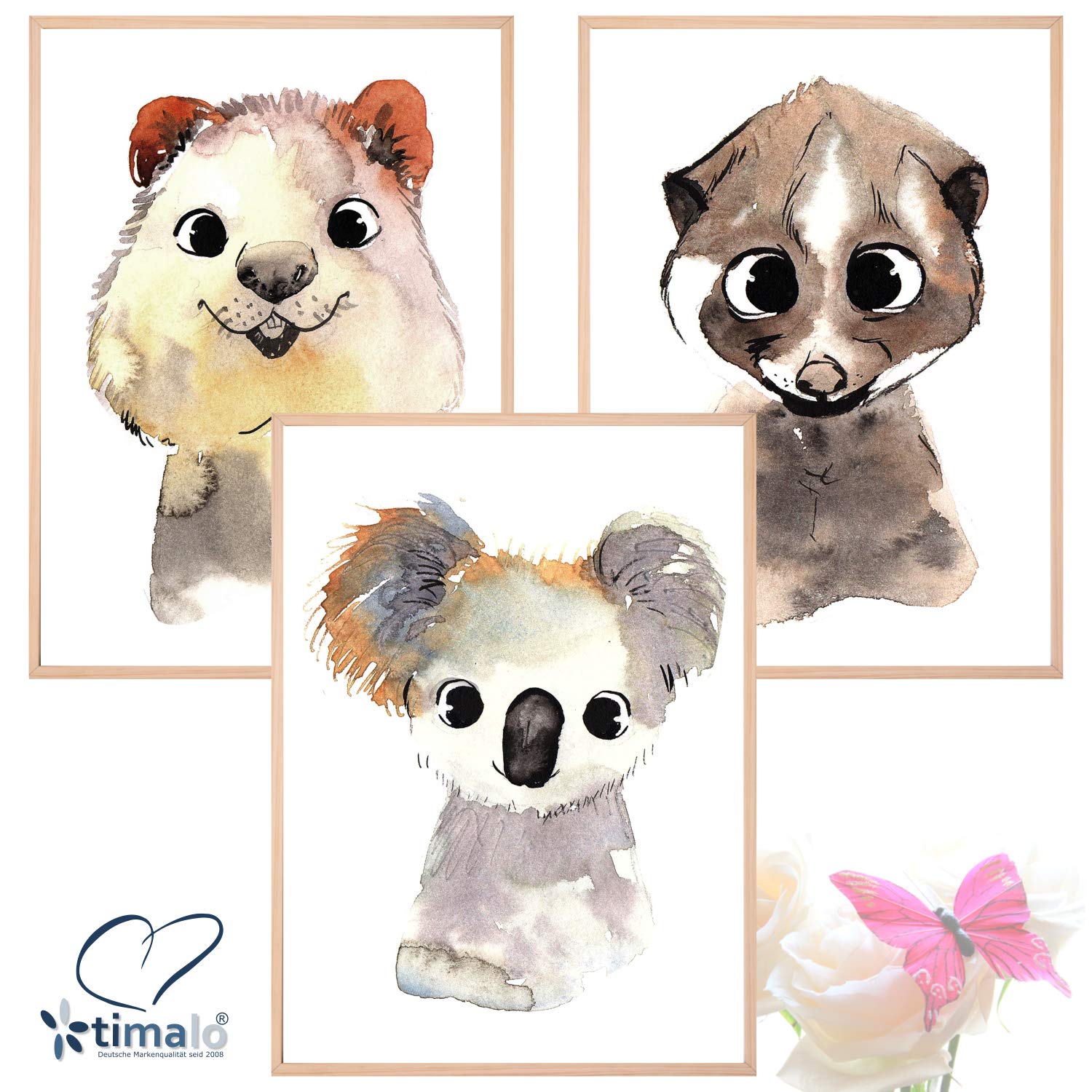 Timalo 3er Set Kinderzimmer Poster - Süße Tierbilder Mit Flamingo, Schildkröte & Fisch