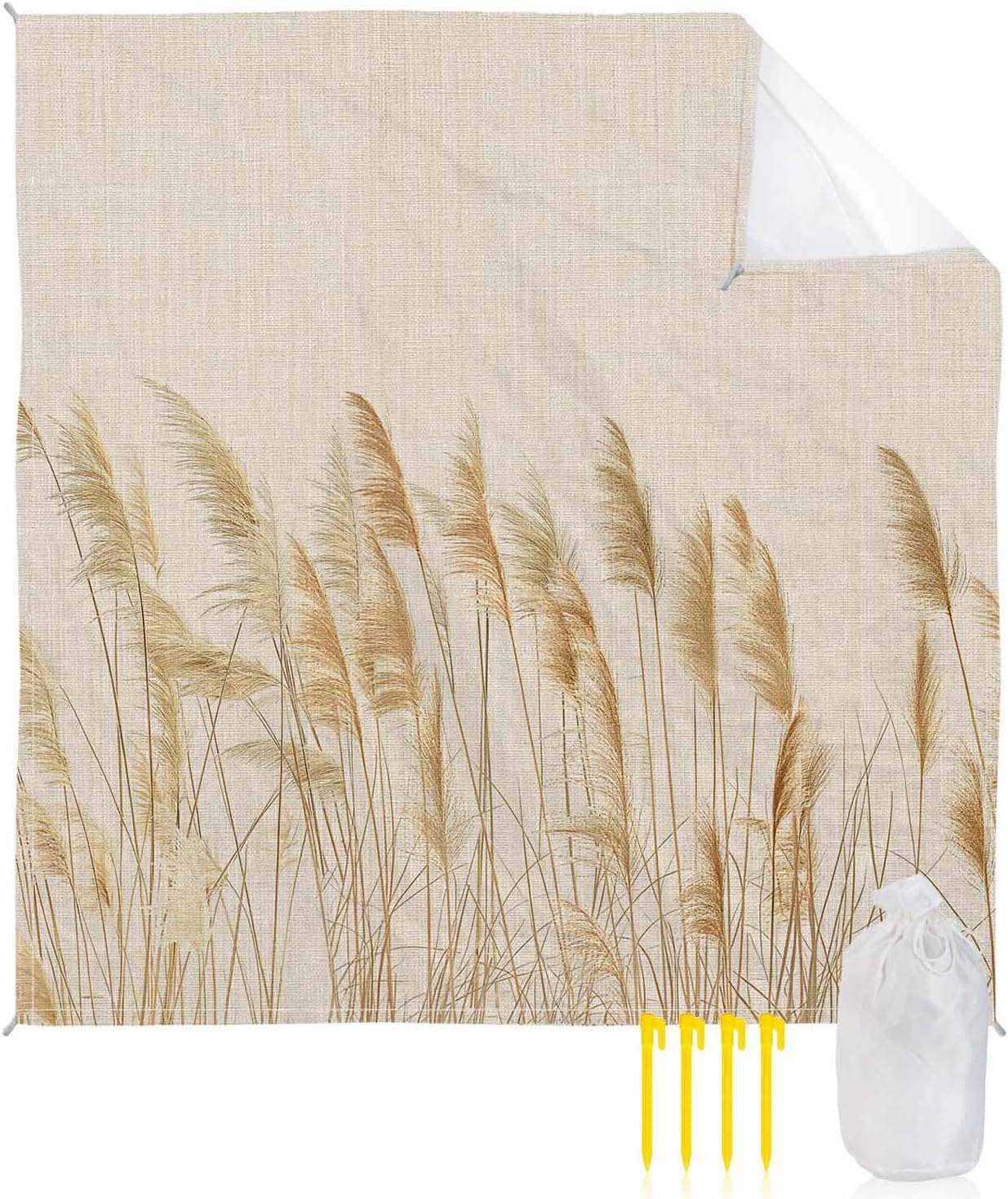 Retro Fall Reed Plant on Linen Flax Beach Blanket Waterproof Sandproof Outdoor Picnic Mat 118"x108" Minimalist Bulrush Sketch Art Lightweight Large Beach Blankets with 4 Stake & 4 Corner Pockets