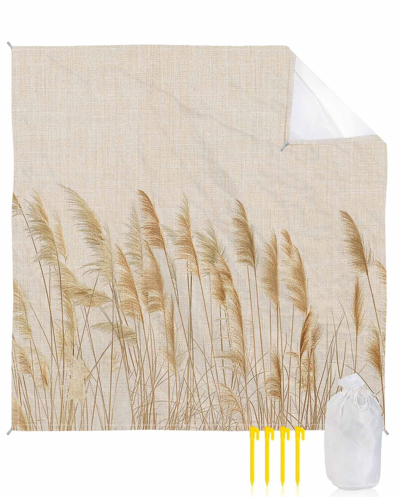 Retro Fall Reed Plant on Linen Flax Beach Blanket Waterproof Sandproof Outdoor Picnic Mat 95