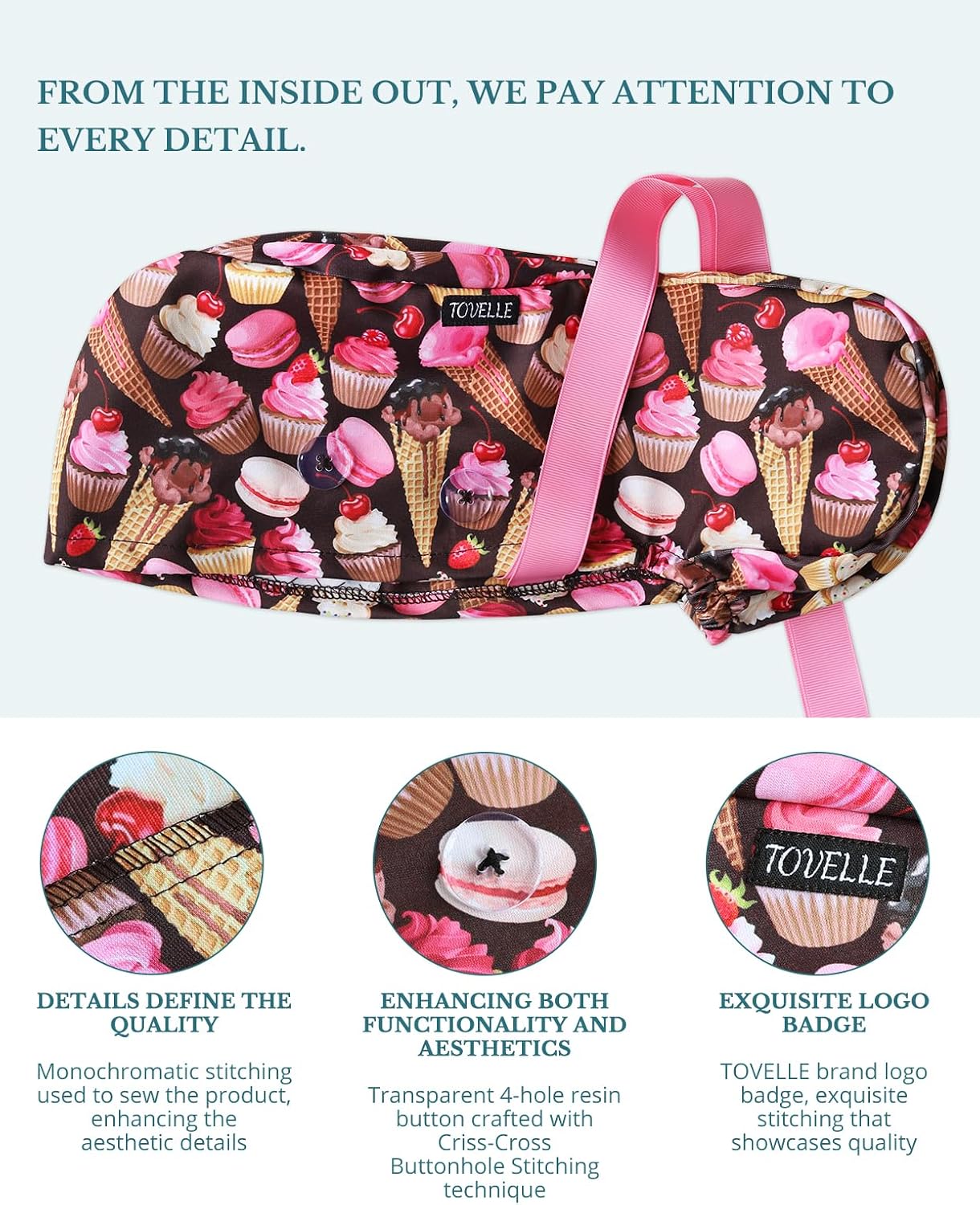 Scrub Caps Women Ponytail – Ice Cream Cupcakee Double-Sided Printed Surgical Hat with Buttons and Sweatband, Soft Nurse Cap for Long Hair, Helps Reduce Static Buildup