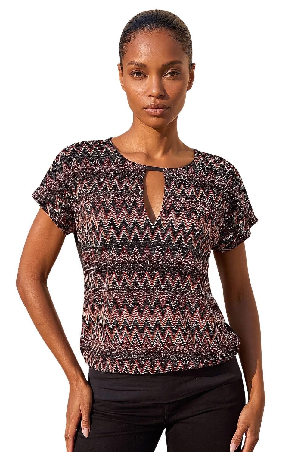 Roman Originals Women's Bronze Zig Zag Print Bubble Hem Top For Uk - Everyday Autumn Winter Round Neckline Comfy Soft Evening Vacation Work Party Night Out - Size 12