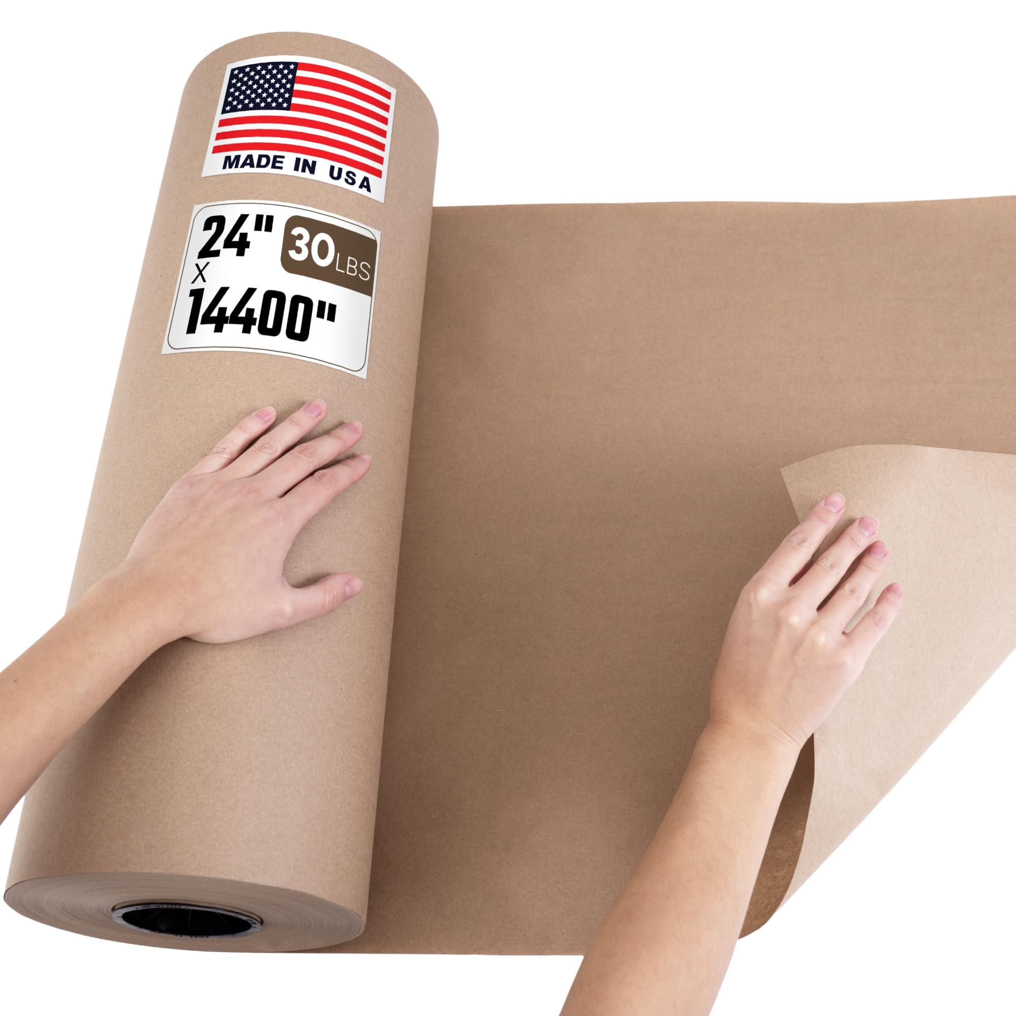 Rollo de papel kraft marrón natural de 24 x 14400 pulgadas (1200 pies), grado estándar de 30 libras, fabricado en Estados Unidos, rollo grande de papel de regalo marrón, núcleo de 3 pulgadas