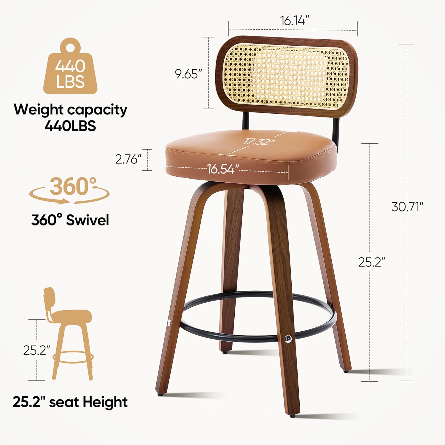 Natural Rattan Bar Stools Set of 2,Upholstered PU Leather Counter Height Barstools with Back and Bent Wood Legs,360°Swivel,Mid-Century Modern Bar Stool for Kitchen Island Dining Room and Bar(Brown)
