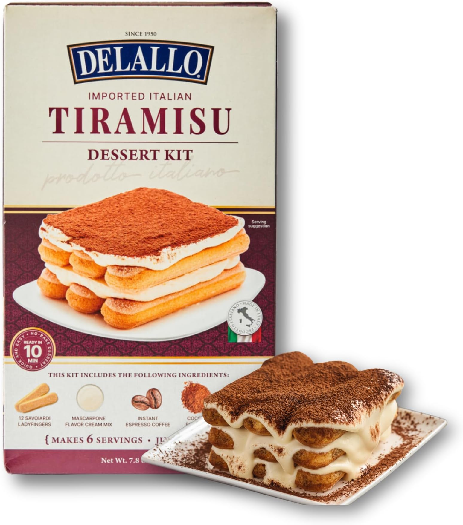 DeLallo Tiramisu Kit, No-Bake Italian Dessert Mix, Tiramisu Cake Mix with Savoiardi Lady Fingers and Mascarpone Cheese Filling, Includes Instant Espresso Powder and Cocoa Powder (1 Pack)