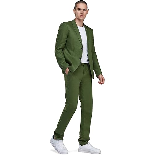 Men's 2 Piece 100% Linen Slim Fit Suit Two Buttons Blazer & Suit Pants Set Solid Business Suits
